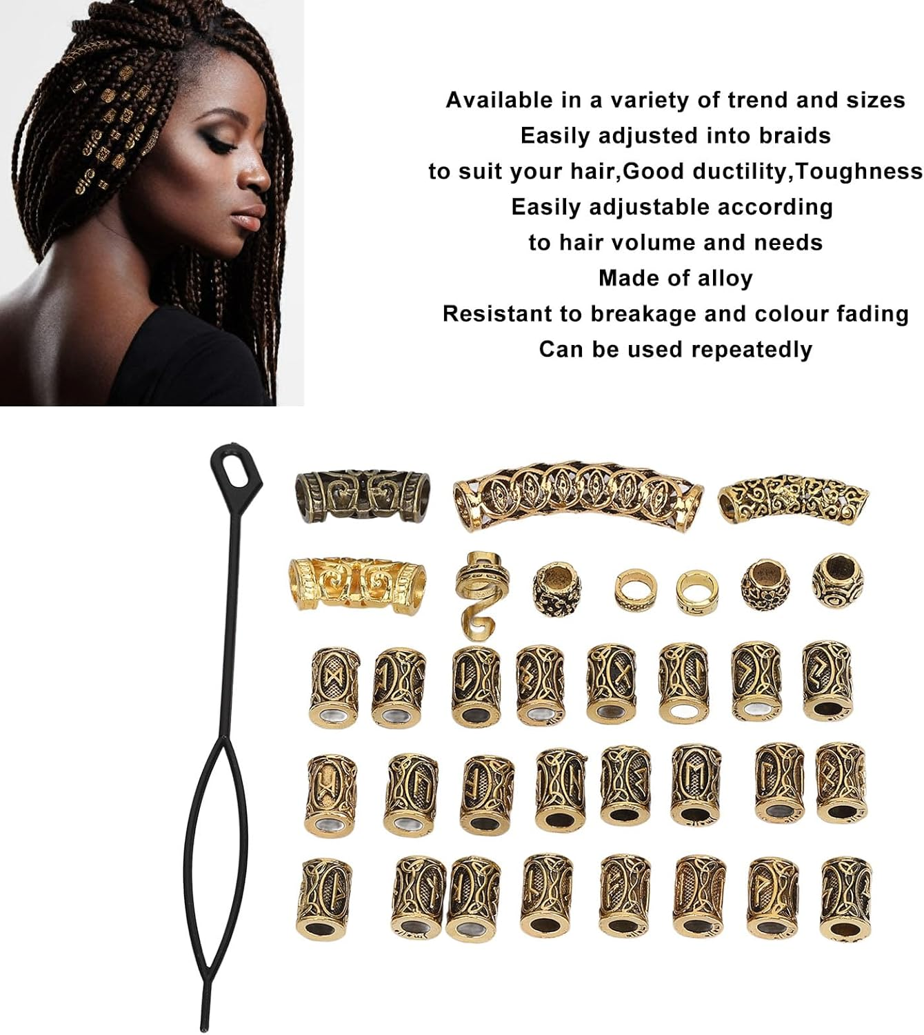 Hair Jewelry Rings, Dreadlocks Bead Decoration, 110 Pcs Adjustable Braids Rings Cuffs Jewelry, Alloy, for Hair Braiding Jewelry Coils, Wedding, Parties, Film Exhibitions image number 3