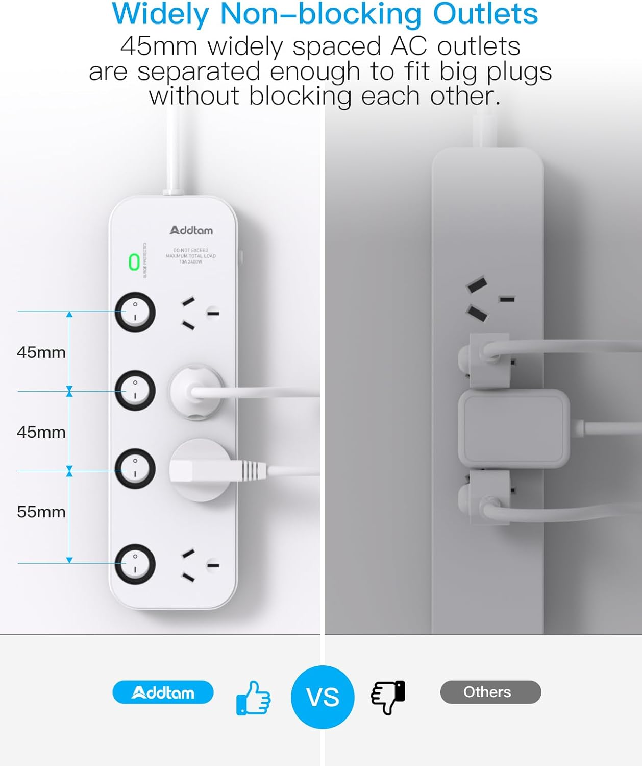Power Board Surge Protected with Individual Switch, Powerboard with 4 Wide Spaced AC Outlets, 1M Extension Cord for Home Office Desk, Overload Protection, 350 Joules image number 3