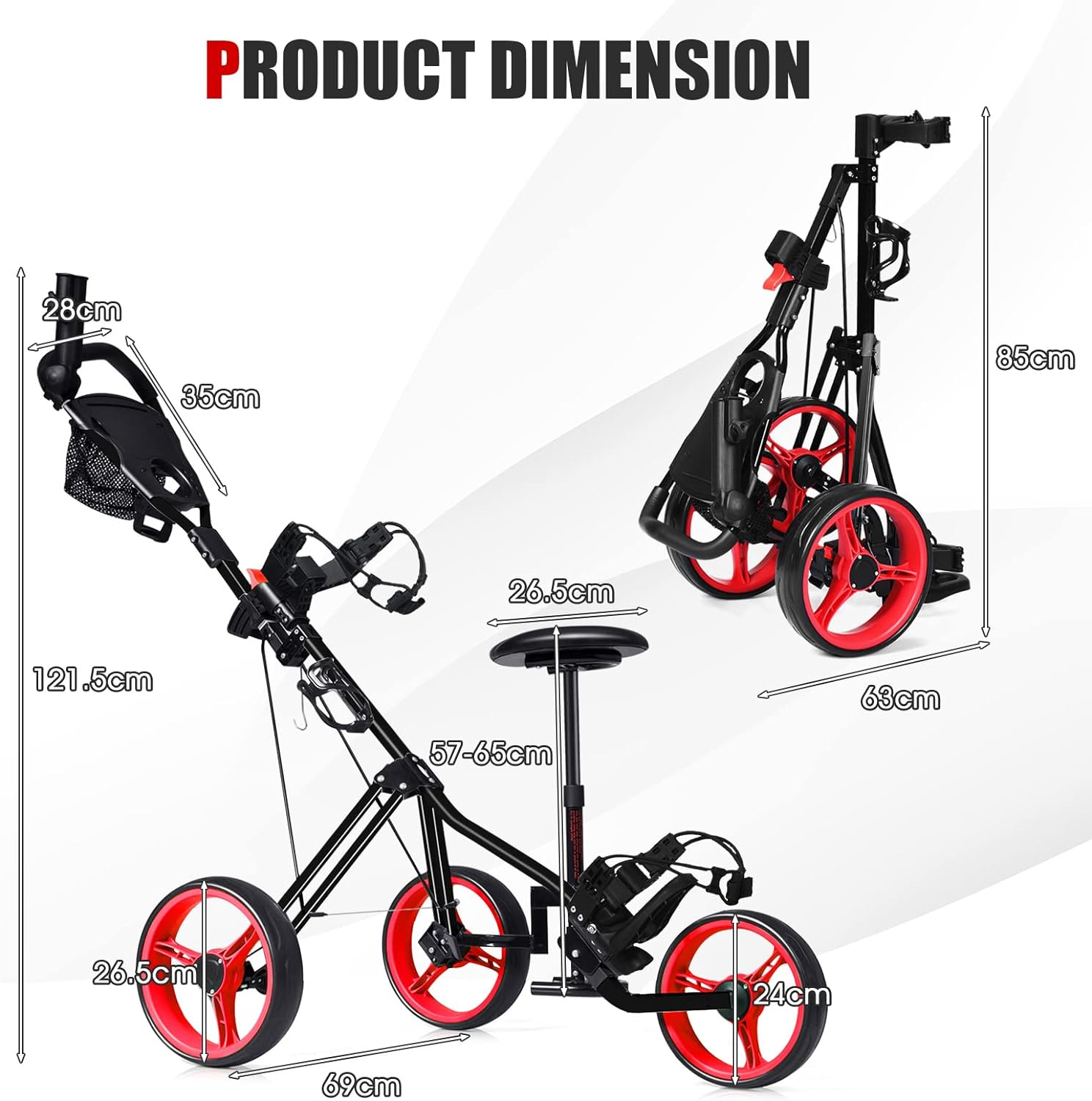 Costway 3-Wheel Folding Golf Push Cart, Multifunctional Push Pull Golf Trolley with Adjustable Handle, Padded Seat, Scoreboard, Cup Holder & Umbrella Holder image number 6