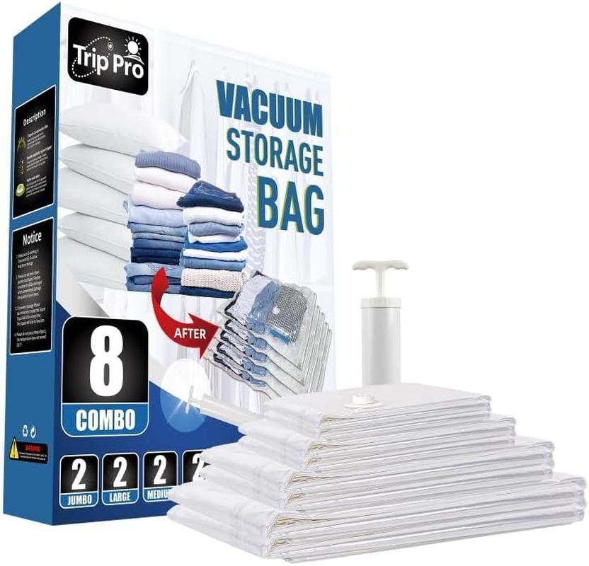 8 Pack Vacuum Storage Bags with Hand Pump, Space Saver Bags (2 Jumbo/2 Large/2 Medium/2 Small) Compression Storage Bags for Comforters and Blankets, Vacuum Sealer Bags for Clothes Storage. image number 4