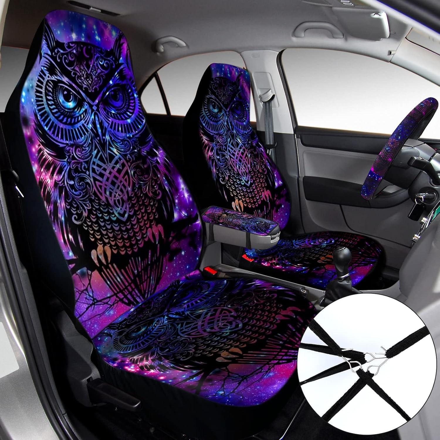 Riakrum 15 Pcs Purple Colorful Owl Car Seat Covers Full Set Space Cats Car Covers for Front Rear Seat Steering Wheel Wrist Strap Armrest Pad Shoulder Pads image number 3