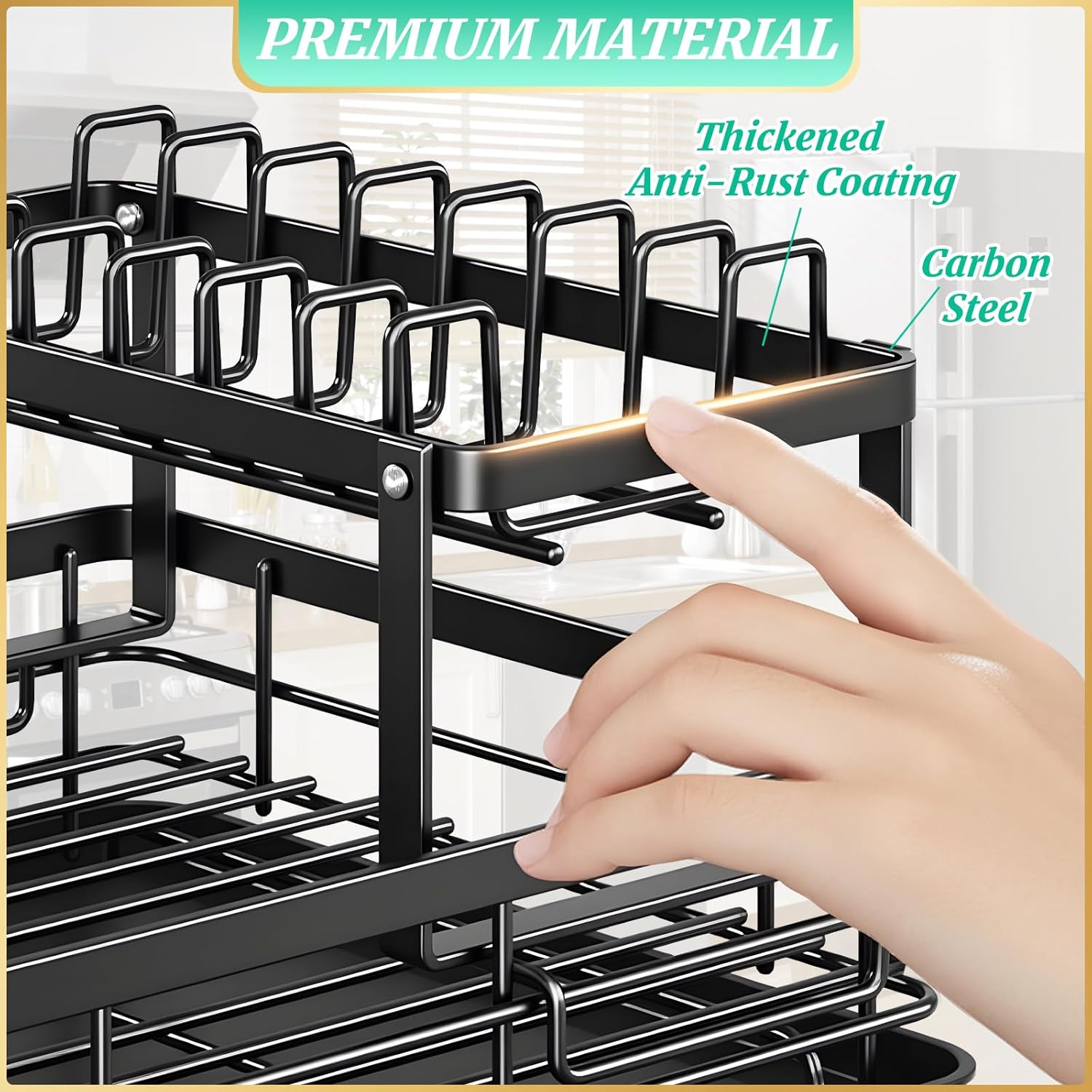 Micomlan Dish Drying Rack - 2 Tier Dish Racks for Kitchen Counter, Large Carbon Steel Dish Drainer Rack with Drainboard Set, Detachable Utensil Holder for Kitchen Storage & Organisation, Black image number 6