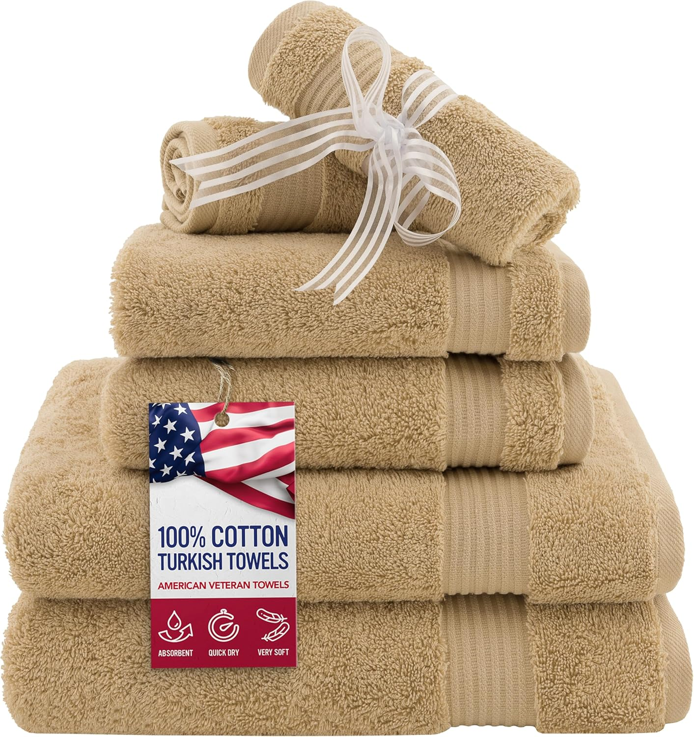 American Veteran Towel, 6 Piece Towel Set for Bathroom, 100% Cotton Turkish Bathroom Towels, 2 Bath Towels 2 Hand Towels 2 Washcloths, Yellow