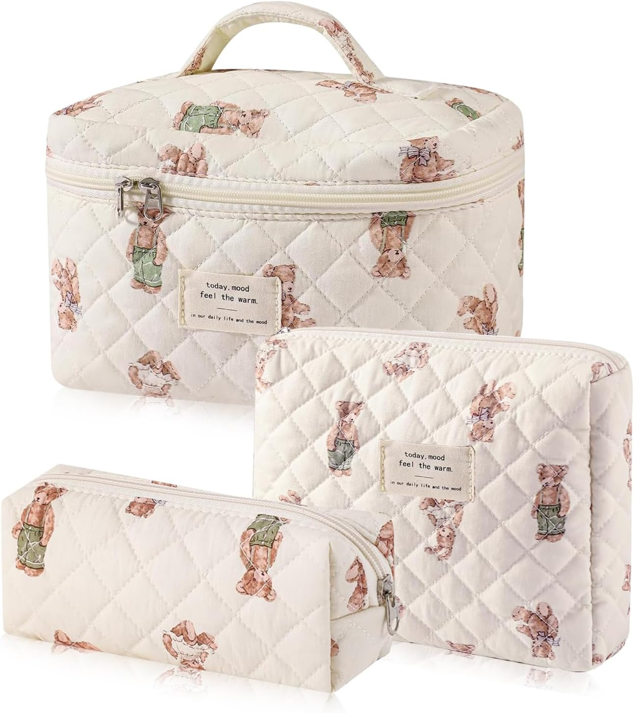 Everfunny 3 Pcs Cotton Quilted Makeup Bag Set, Floral Cotton Cosmetic Bag, Aesthetic Toiletry Travel Organizer Bag for Women, White Little Flower, Cosmetic Bag
