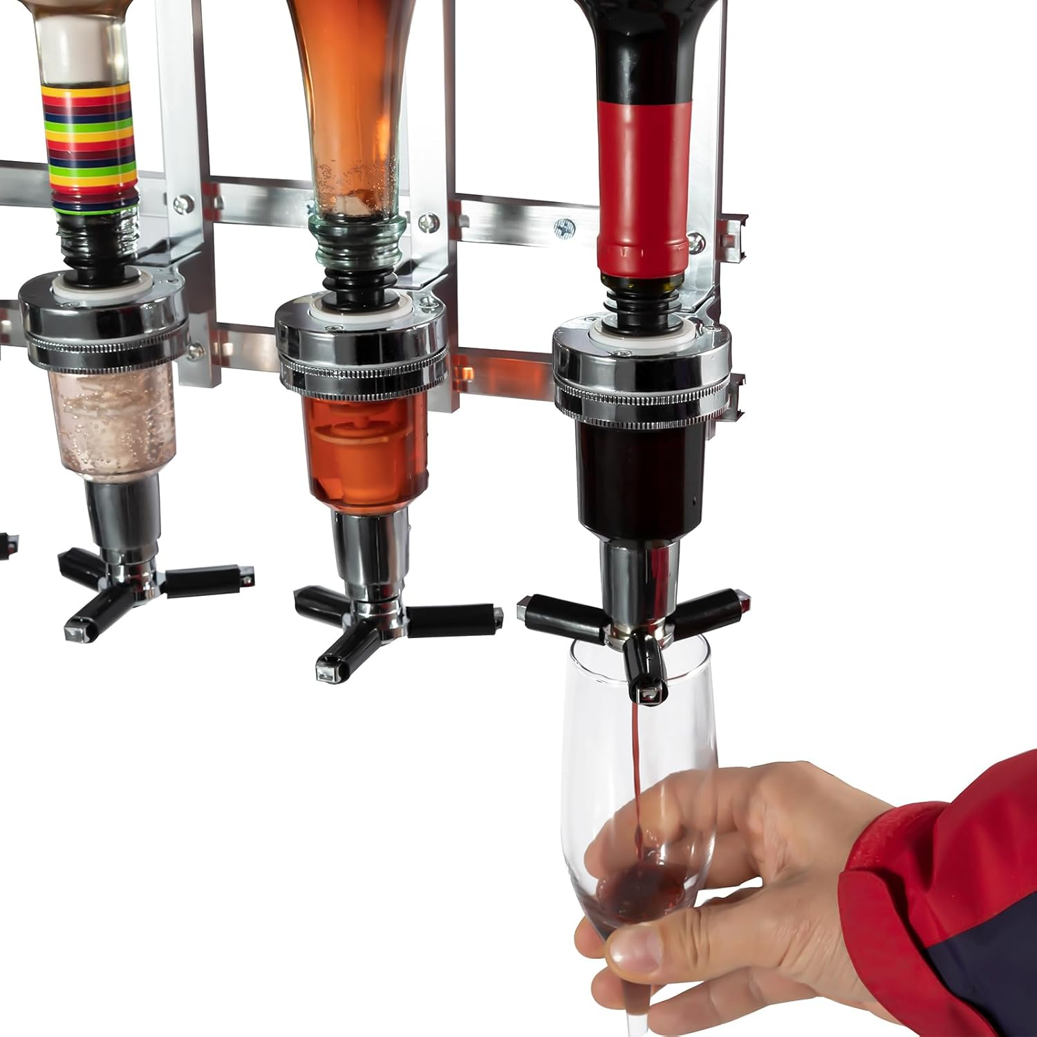 3 Bottle Wall Mounted Liquor Dispenser Bar Butler Bracket Solo Optic Spirit Wine Beer Alcohol Bottle Beverage Stand Revolving Nozzle Drinkware Set - Silver image number 5