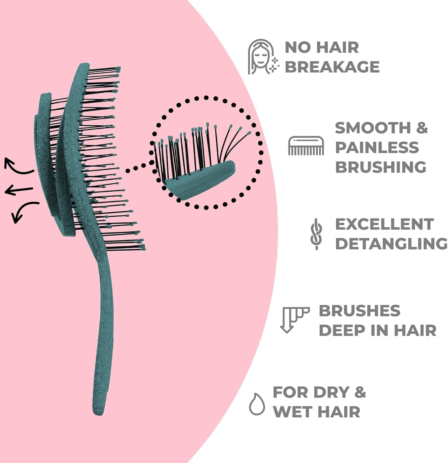 ETHEL Organic Hair Brush without Pulling for Women, Men & Children - Detangling Brush Also for Curls & Long Hair - Unique Professional Detangler Brush with Spiral Spring (Teal) image number 4