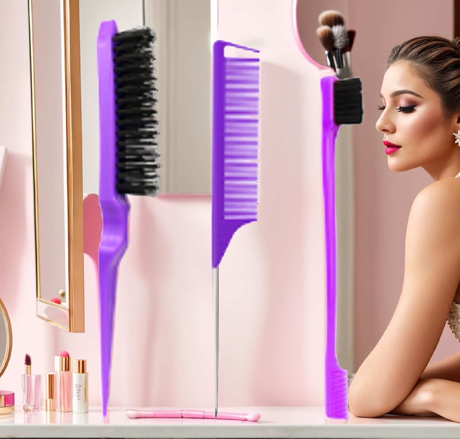 Slick Back Hair Brush, Comb Set, Purple Comb,3 Pcs，Slick Back Brush with Edge Brush, Styling Comb for Kids for Middle Part，Rat Tail Comb, Teasing Brush Set for Smoothing Brush Baby Hair image number 1