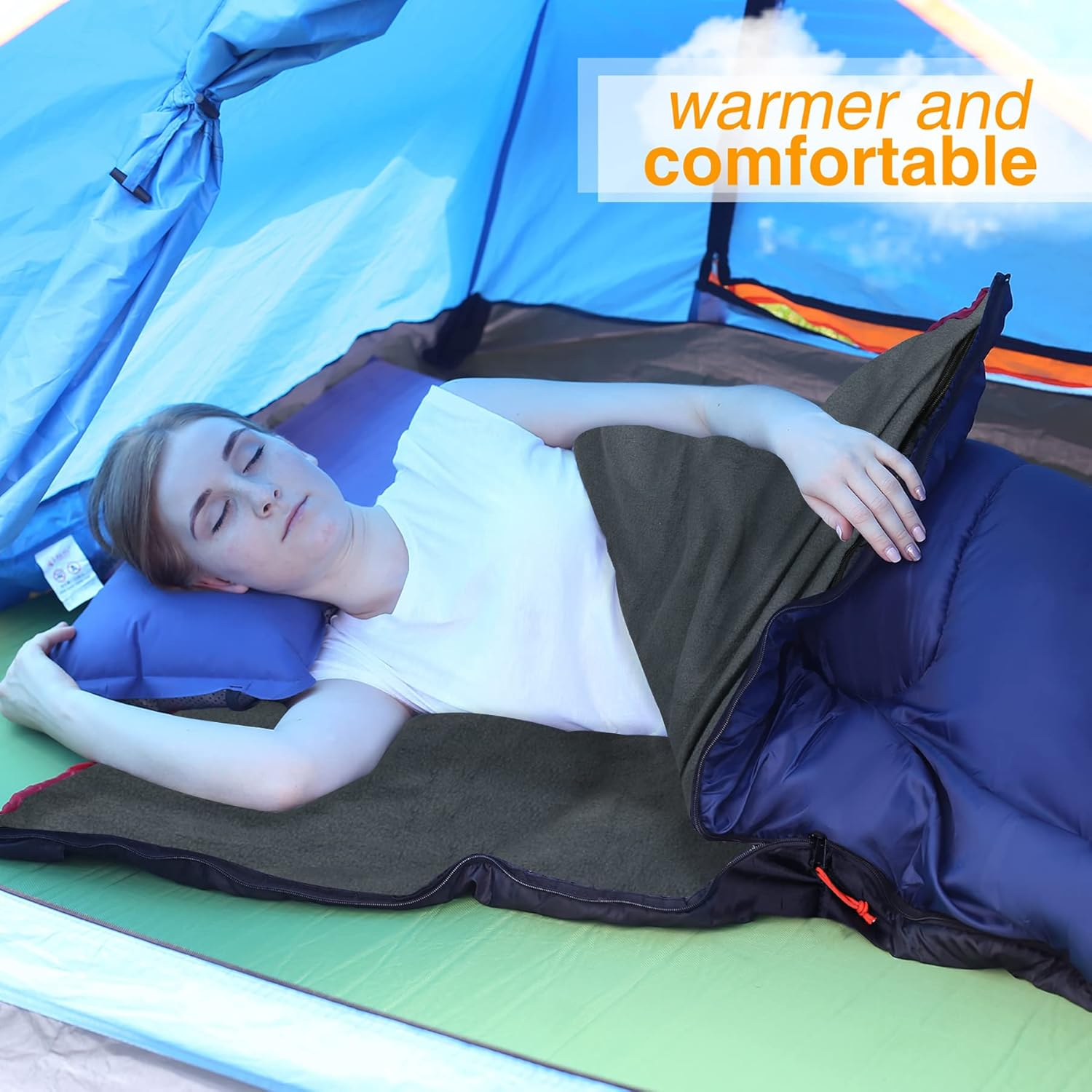 REDCAMP Cotton Flannel Sleeping Bags for Camping, 41F/5C 3-4 Season Warm and Comfortable, Envelope Blue with 2/3/4Lbs Filling (75"X33") - Blue With 4Lbs Filling image number 3