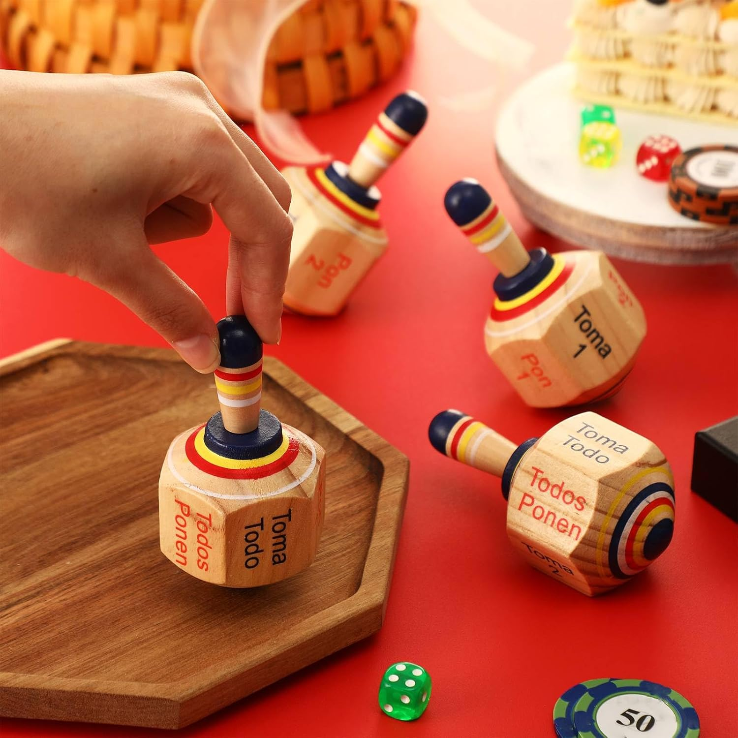 Poen 5 Pieces Large Wooden Toma Todo Bulk, 4.5 Inch Classic Mexican Wood Spinning Top Game for Kids and Adults, Pirinola Toma Todo Party Games for Mexican Fiesta Party Cinco De Mayo Family Game image number 2