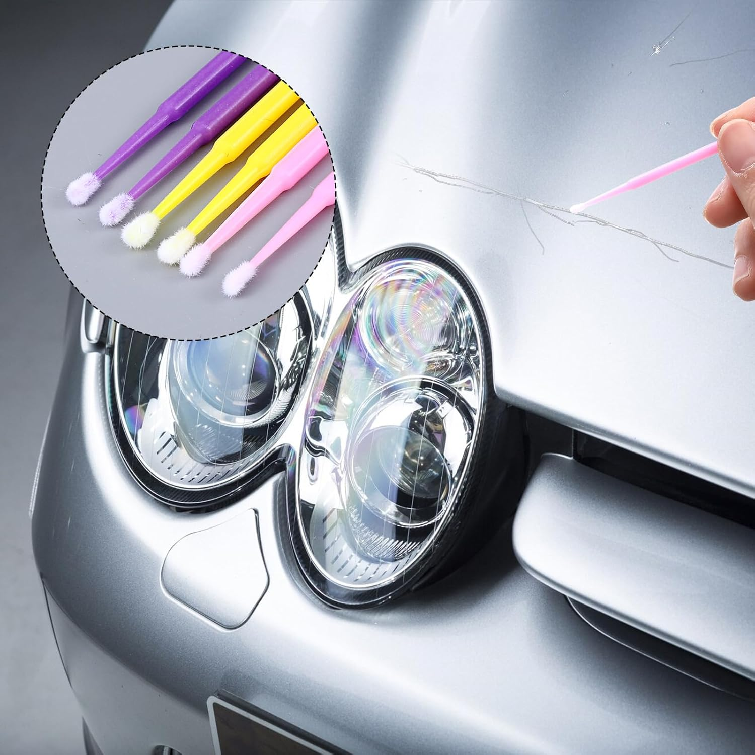 300Pcs Micro Applicator Brush,Touch up Paint Brushes for Automotive Paint Chip Repair Disposable,3 Different Sizes of Touch up Brushes 1.5Mm,2Mm,2.5Mm (Yellow Pink Purple) image number 2