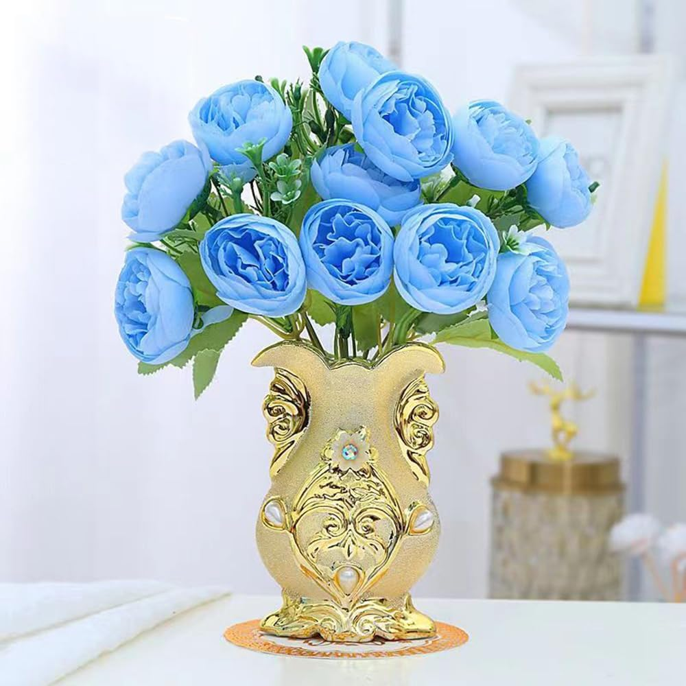 Hbluefat Fake Flowers in Vase,Mini Artificial Flower with Golden Ceramic Vase,Small Silk Roes Faux Flower Arrangements for Home Office Dining Table Centerpiece Coffee Table Decor (B Style,Red-Bud)