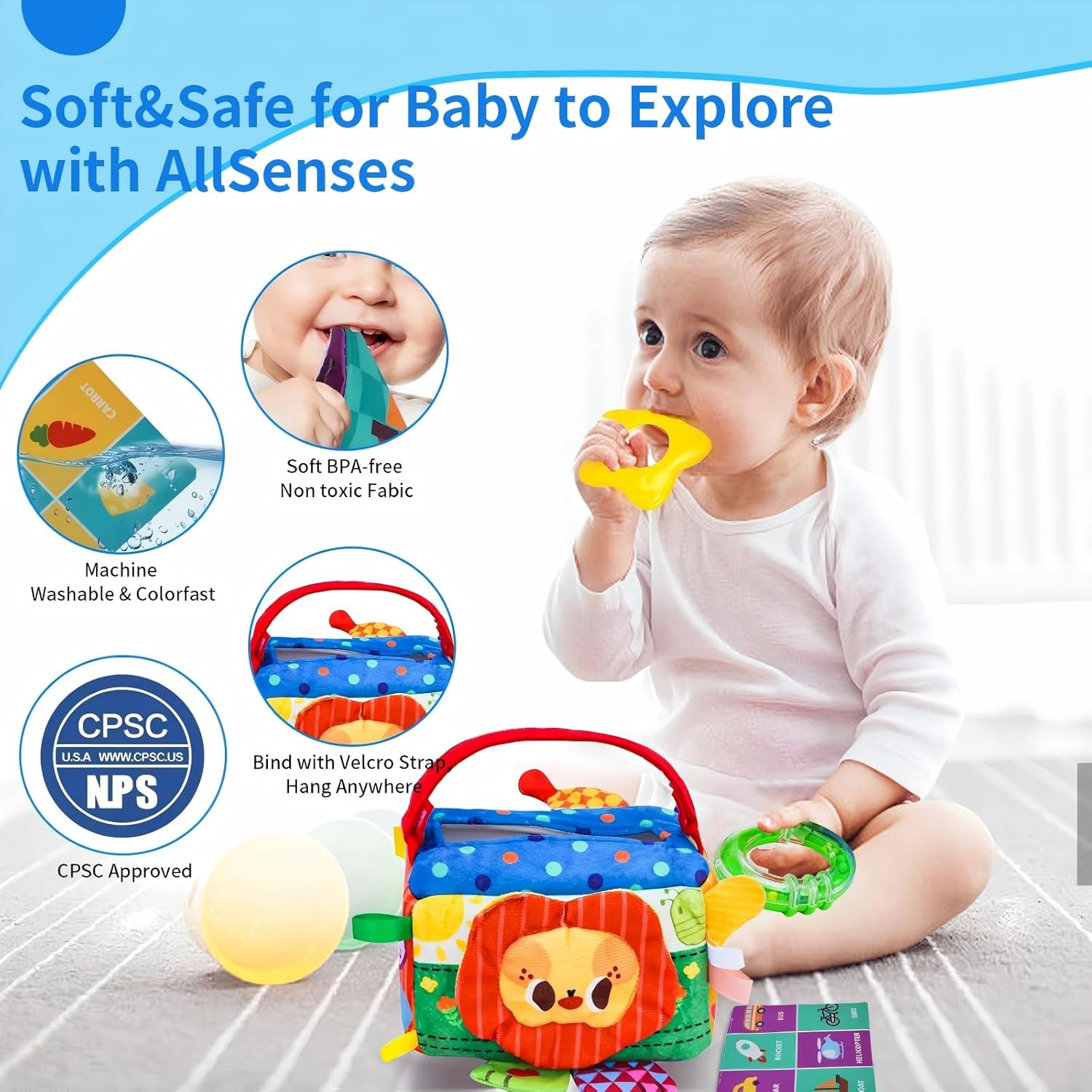 Baby Toys - Baby Tissue Box Toy, Montessori Toys for Toddlers 6-12 Months with Textured Tails, Cloth Tissues, Crinkle, Squeaky Sounds, Mirror - Gifts Play Silks Sensoy Scarves for Babies