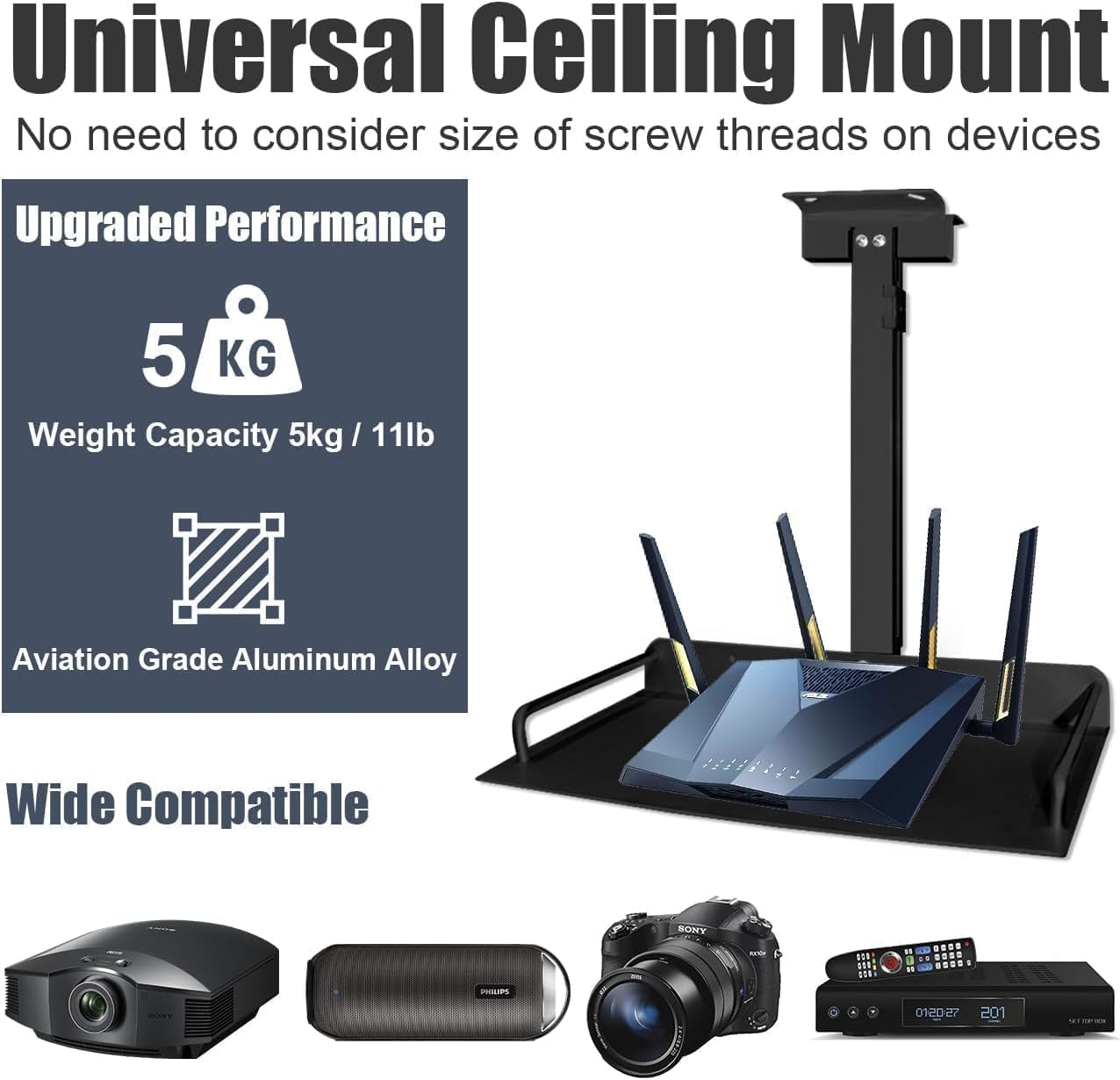 2-Be-Best Projector Mount Universal Ceiling Mount with Tray, 11.8IN-20.5IN / 30CM-52CM Height Adjustable Projector Ceiling Mount Extending Projector Shelf Ceiling Tray Mount Black Upgraded image number 4