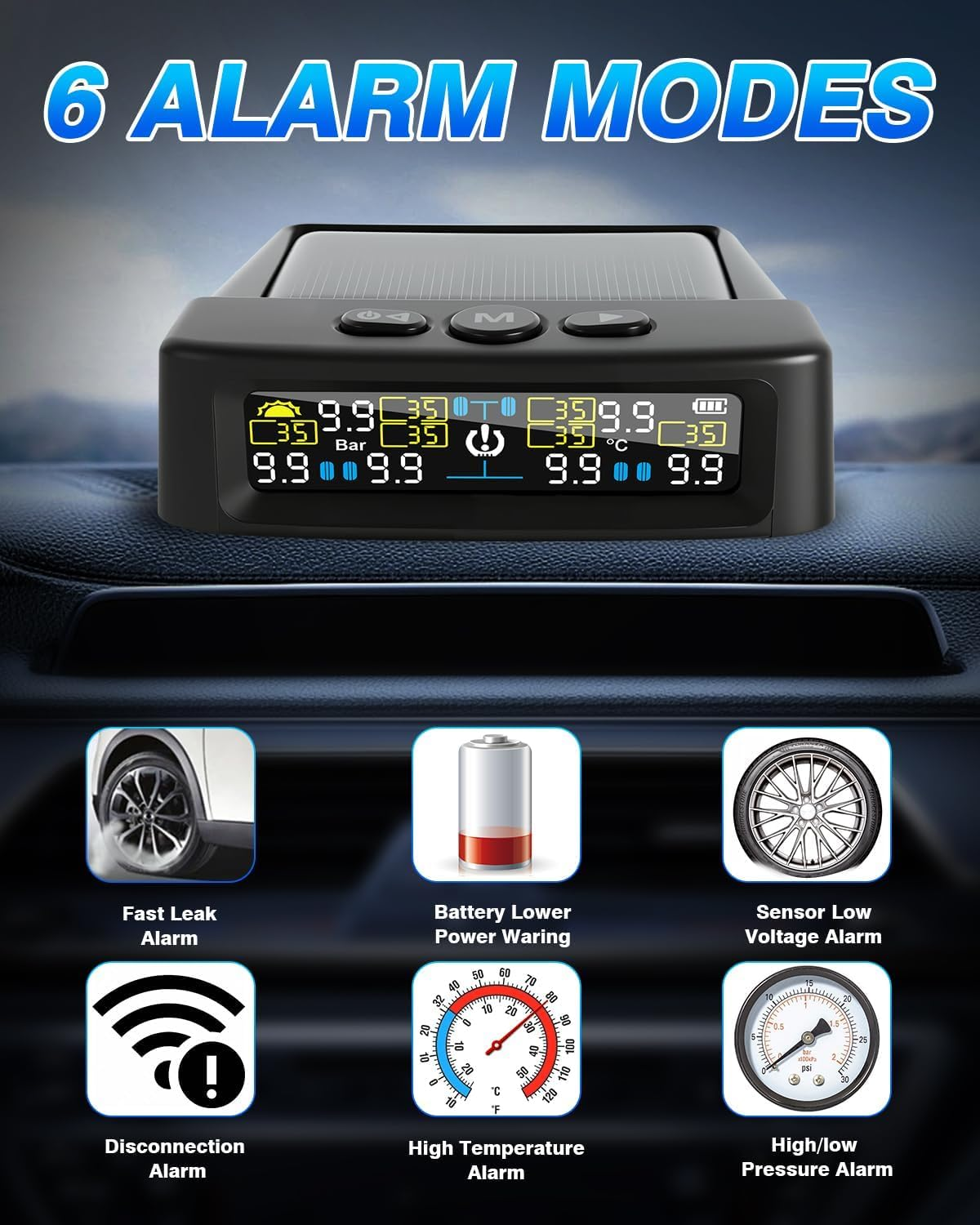 6 Sensors RV Tire Pressure Monitoring System, TPMS Tire Pressure Monitor System with Solar Charge or USB, TPMS with 6 Sensors Trailer Tire Pressure Monitoring System Tire Pressure Monitor image number 3