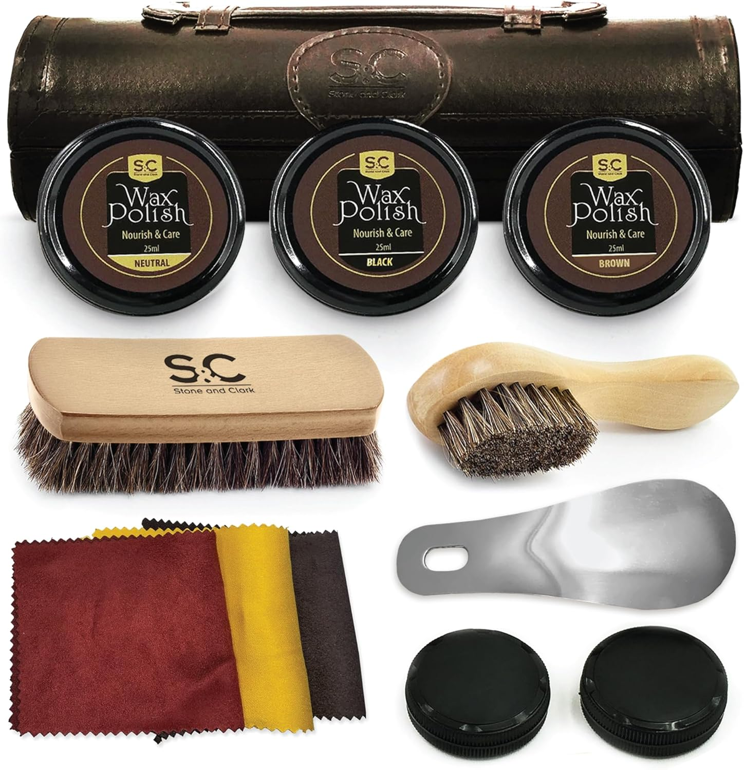 Stone & Clark 12 PC Shoe Polish & Care Kit Leather with Brown Wax Shoe Brushes for Polishing Shine Cloth & Shoe Horn