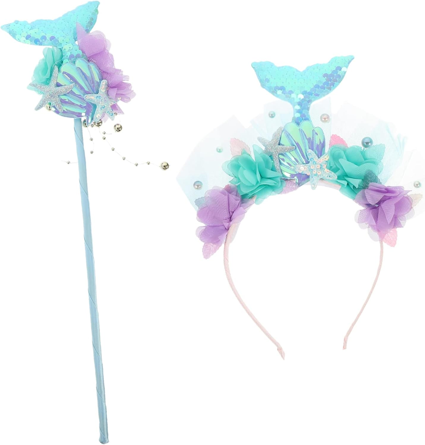 1Set Mermaid Costume Set Sequin Crown Headband Fairy Wand for Accessories for Birthday Cosplay Parties Decorative Hair Hoop Girls Mermaid Props image number 6