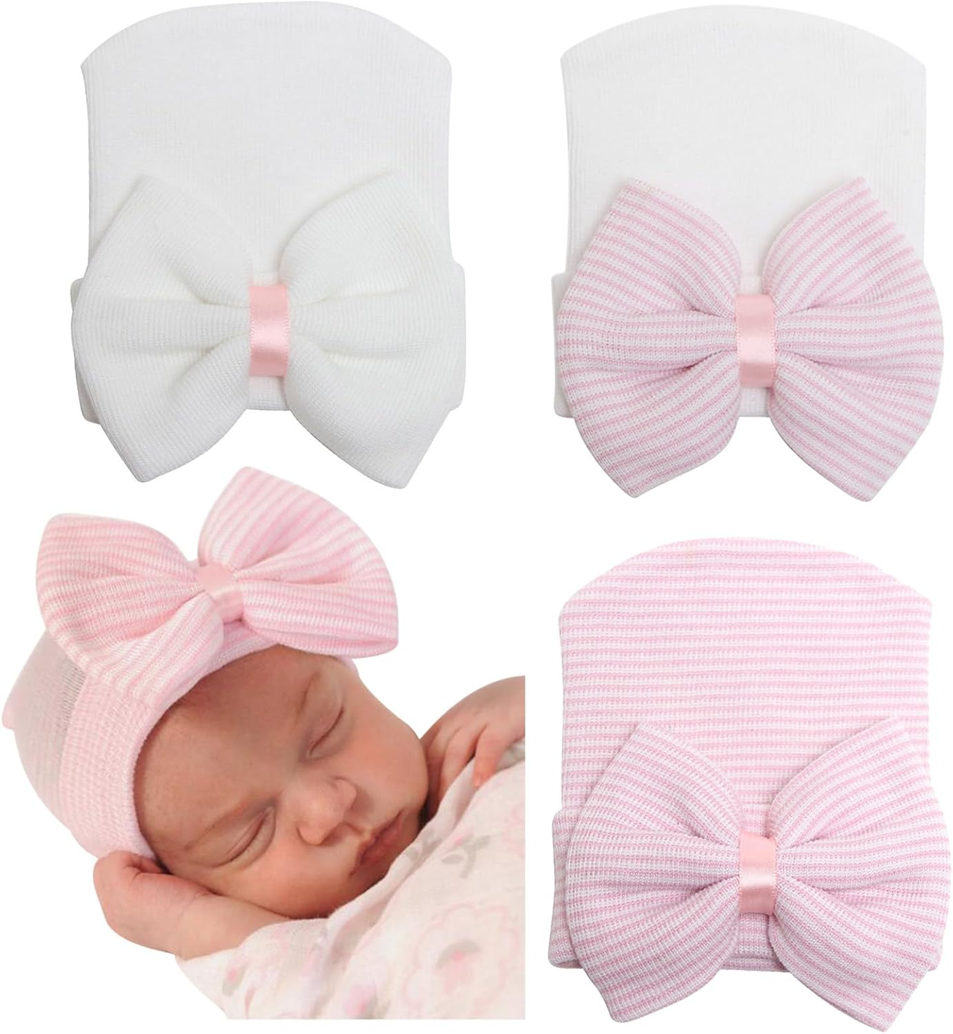 AQOKKA 3 Pack Newborn Hospital Hat Infant Baby Hat Cap with Big Bow Knit Ribbon Soft Cute Nursery Beanie 0-3 Month image number 6