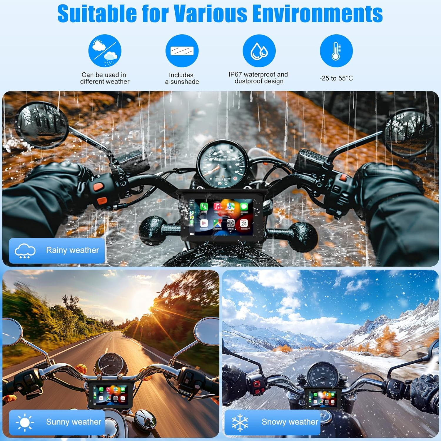 Motorcycle IP65 Waterproof GPS Portable Carplay, Carplay/Android Auto 5" IPS Touchscreen Android/Ios Car Monitor Portable Siri/Google Assistant for Motorbike GPS Navigation for Bluetooth image number 1