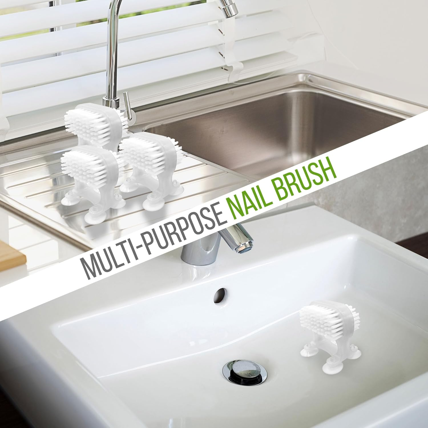 3 X Dual Brush Nail Brush - Hands Free Fingernails Cleaning - Scrub Both Hands at the Same Time - Unique Suction Cup Design - Saves Time, Cleans Nails Easily. Attach to Washbasin, Sink, Bath (3 Pack)