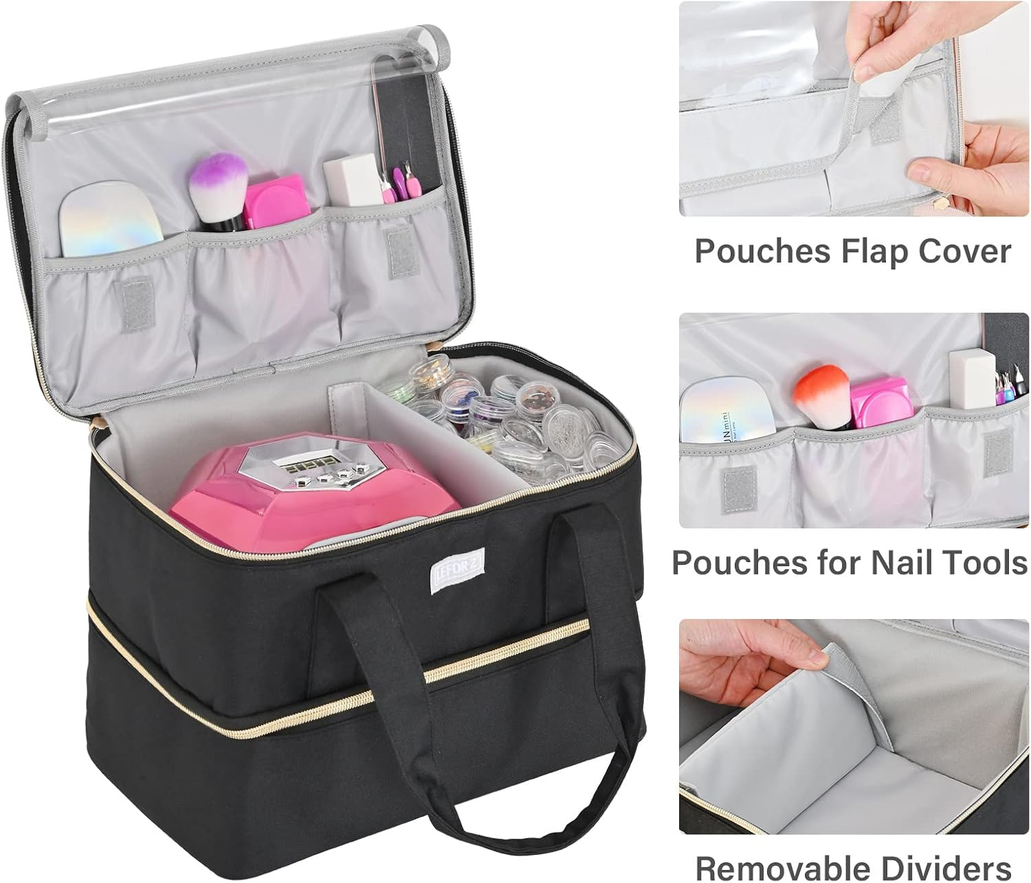 LEFOR&middot;Z Nail Polish Storage Bag, Double Layer Nail Polish Organiser for 40 Bottles (15 Ml - 0.5 Fl.Oz) and 1 LED Nail Lamp, Portable Nail Polish Carry Bag for Nail Design Accessories, Black, S（F&uuml;r 40 - Pink image number 2