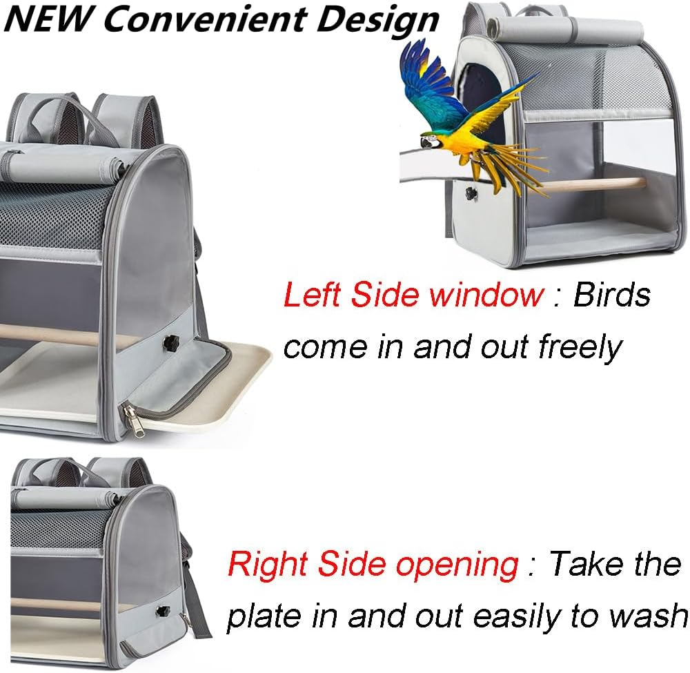 Backpack for Birds with Wooden Stick Bird Carrier Backpack, Pet Travel Cage with Standing Perches, with Stainless Steel Clip Cups, 1 Molar Stone, Breathable and Portable, for Small Birds, Green Cheek image number 1