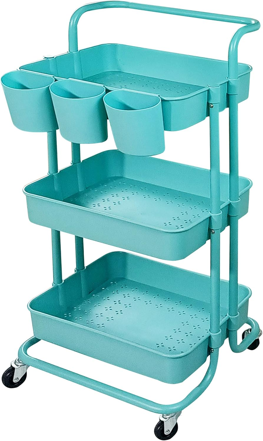 3 Tier Utility Rolling Cart Storage Organizer Shelf Multifunction Rack with 3PCS Hanging Cups for Home Office Kitchen Bathroom Store (3Pcs Cups White)