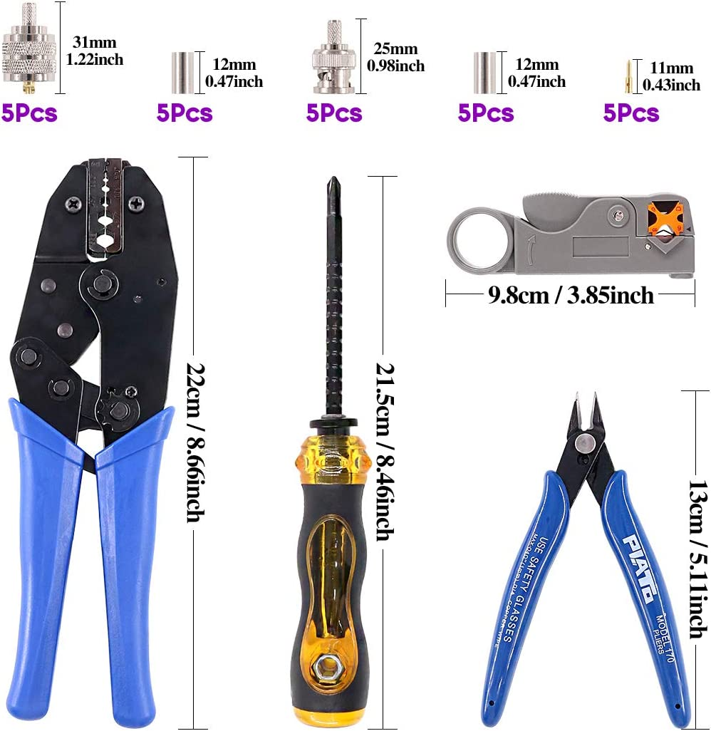 Swpeet 14Pcs Professional Coaxial Cable Tool Kit, Ratcheting Wire Terminal Coaxial Cable Tool Kit with 1Pcs Cable Stripper and 10Pcs 50 Ohm BNC Crimp Male/Straight Connectors for Coax Connectors image number 2
