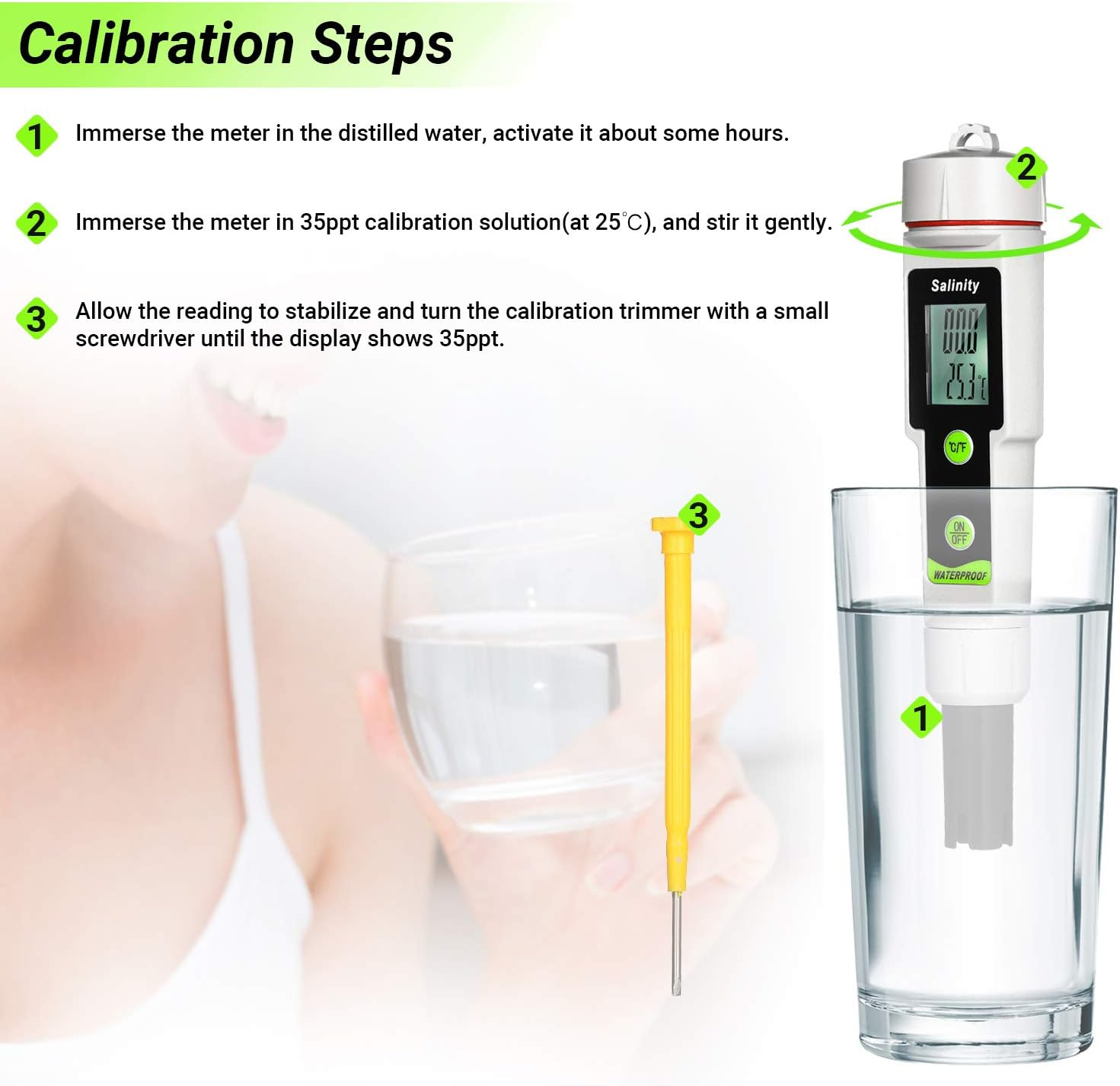 Salinometer Waterproof Salinity Test 2-In-1 Salinity & Temperature Meter Portable Salinity Meter Salimeter Type Salinograph 0~199.9Ppt Range -50~70℃ Temperature Meter ℃/℉ Conversion Beverages image number 3