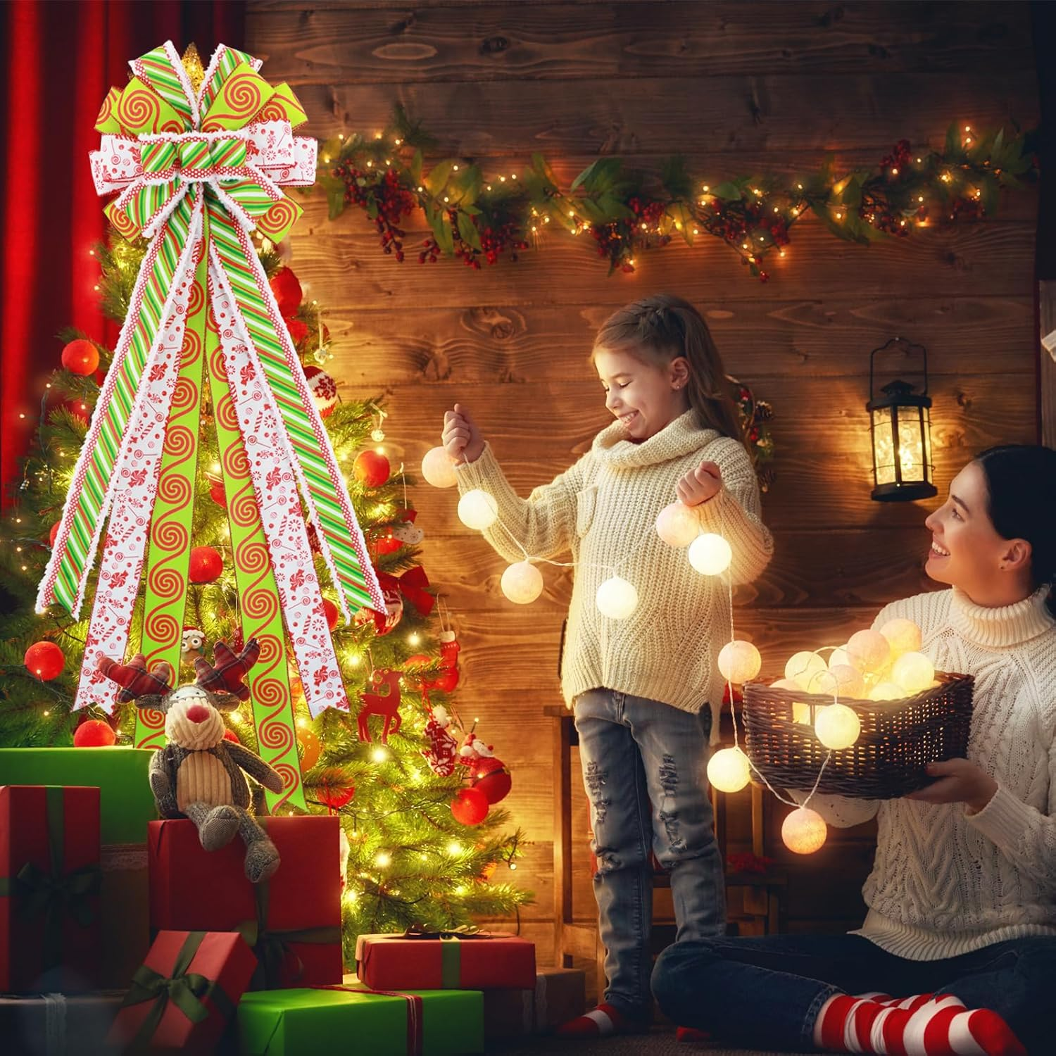 Christmas Tree Topper Large Green Christmas Bow Tree Topper, Candy Green Stripe Swirl Gift Bow for Xmas Tree Handmade Holiday Party Home Wedding Indoor/Outdoor Decorations -13 X 45 Inch image number 6