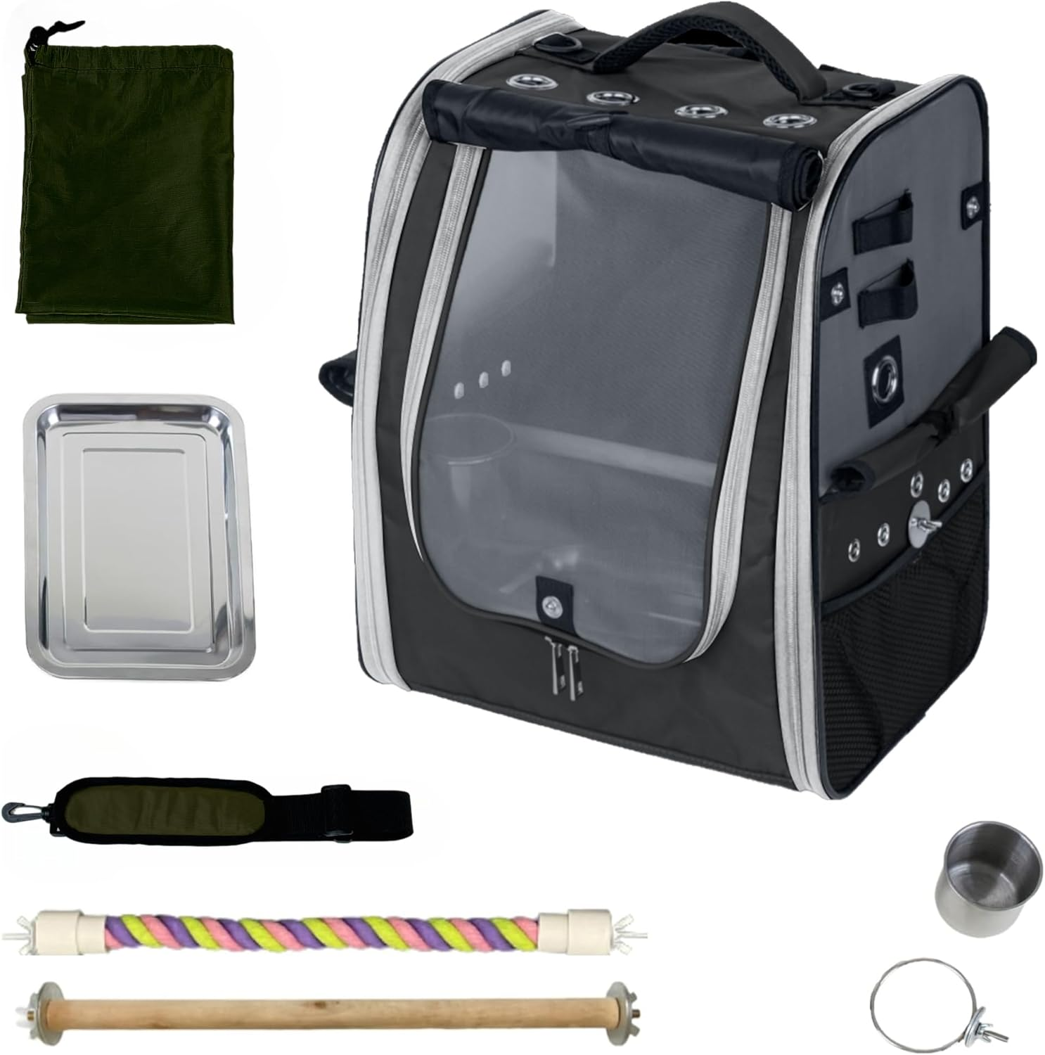 Birds Day Bird Carrier Backpack-Parrot Travel Cage with 2PCS Perch and Food Bowl, Stainless Steel Tray (Charcoal Gray, Small to Medium Birds)