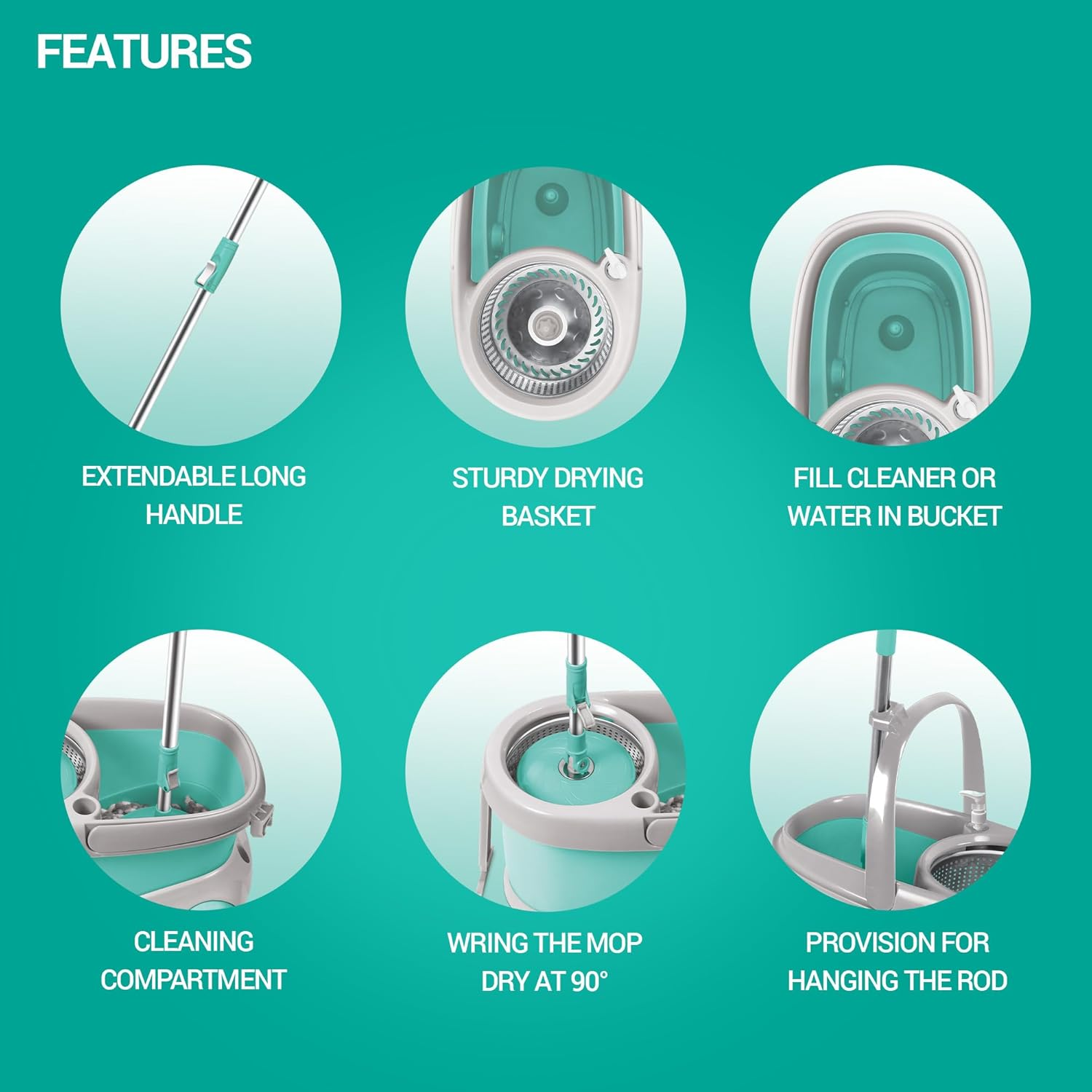 Spotzero by Milton Prime Spin Mop Bucket on Wheels, Extendable Handle | Liquid Dispenser| SS Wringer Set | 360 Spinning Mop Bucket Floor Cleaning & Mopping System with 2 Microfiber Refills, Aqua Green