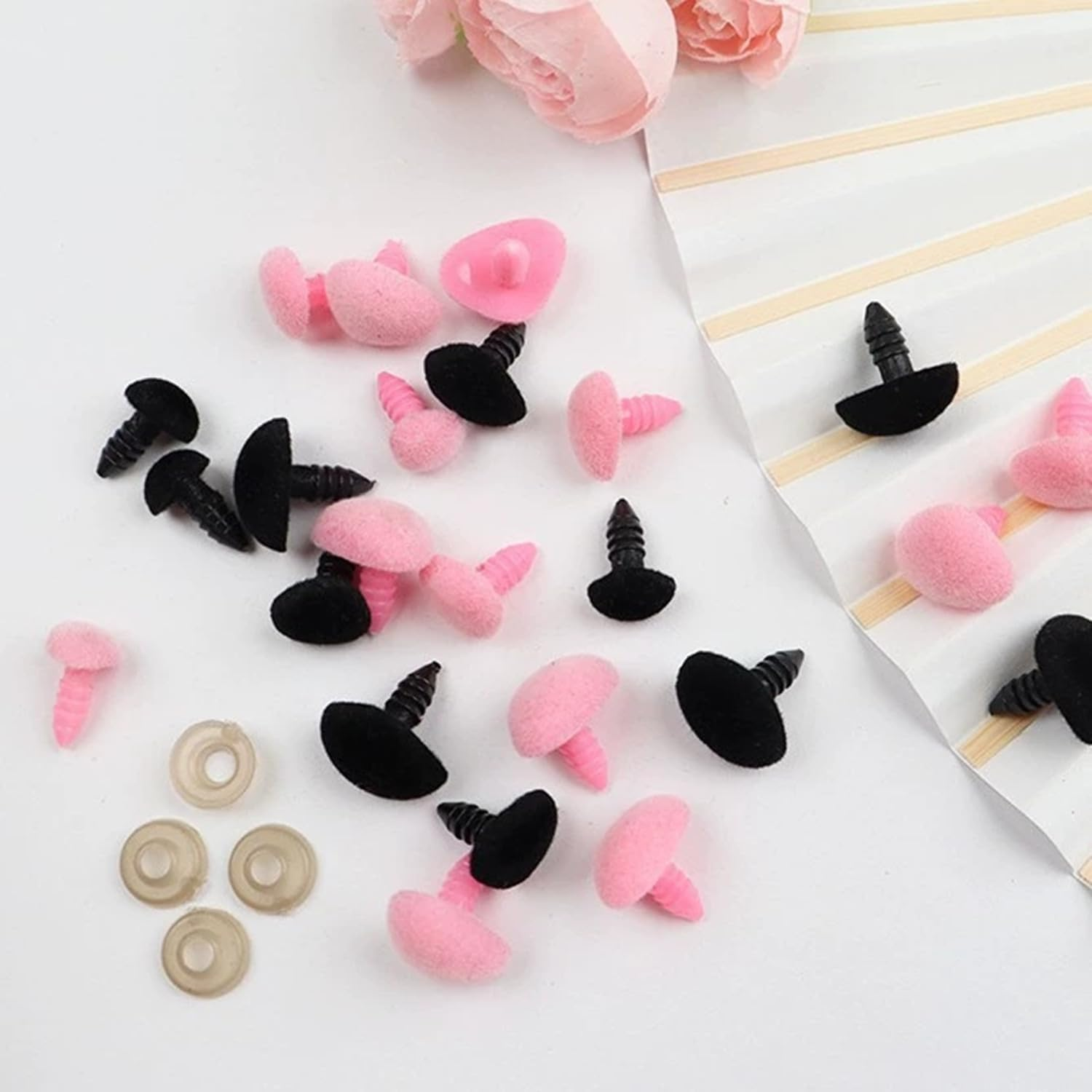 32Pcs Safety Noses 11/15/17/18Mm Plastic Noses with Washers, Flocking Teddy Bear for Crochet, Plush, and Craft Puppets (Pink & Black) image number 1