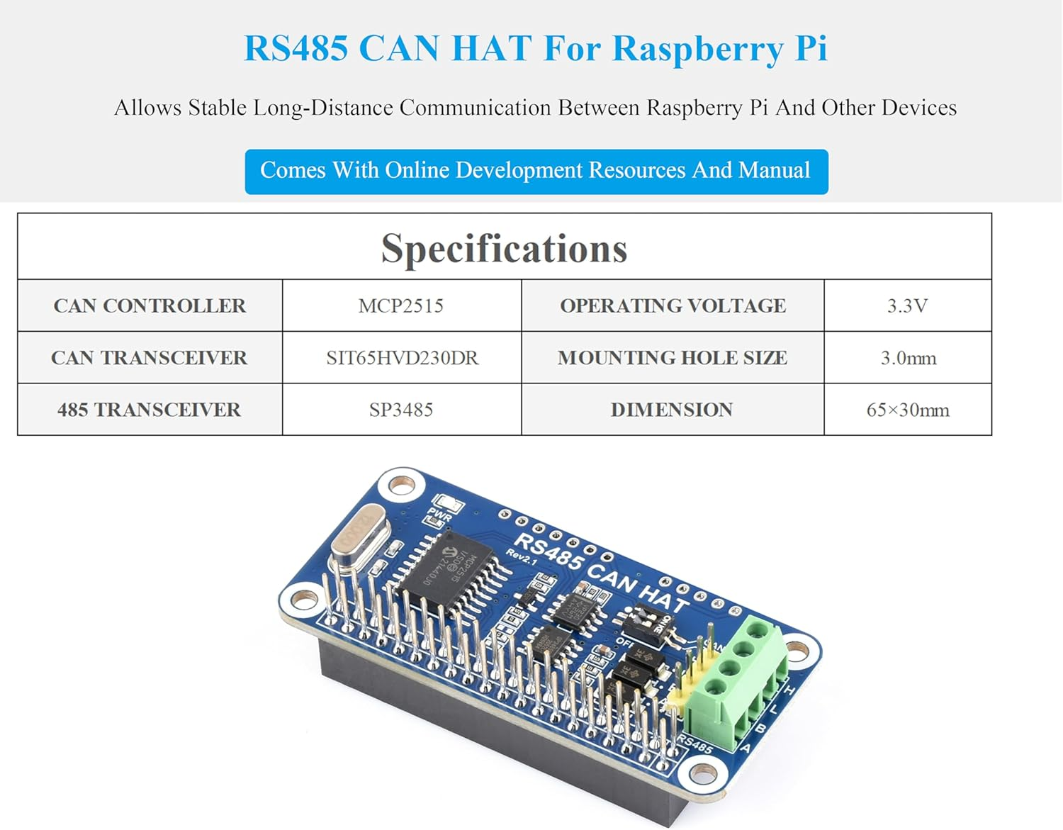 RS485 CAN HAT Compatible with Raspberry Pi 5/4B/3B+/3B/Zero/Zero W/Wh/Zero 2W, Expand CAN and RS485 Functions, CAN Controller MCP2515 via SPI Interface, RS485 Controlled via UART