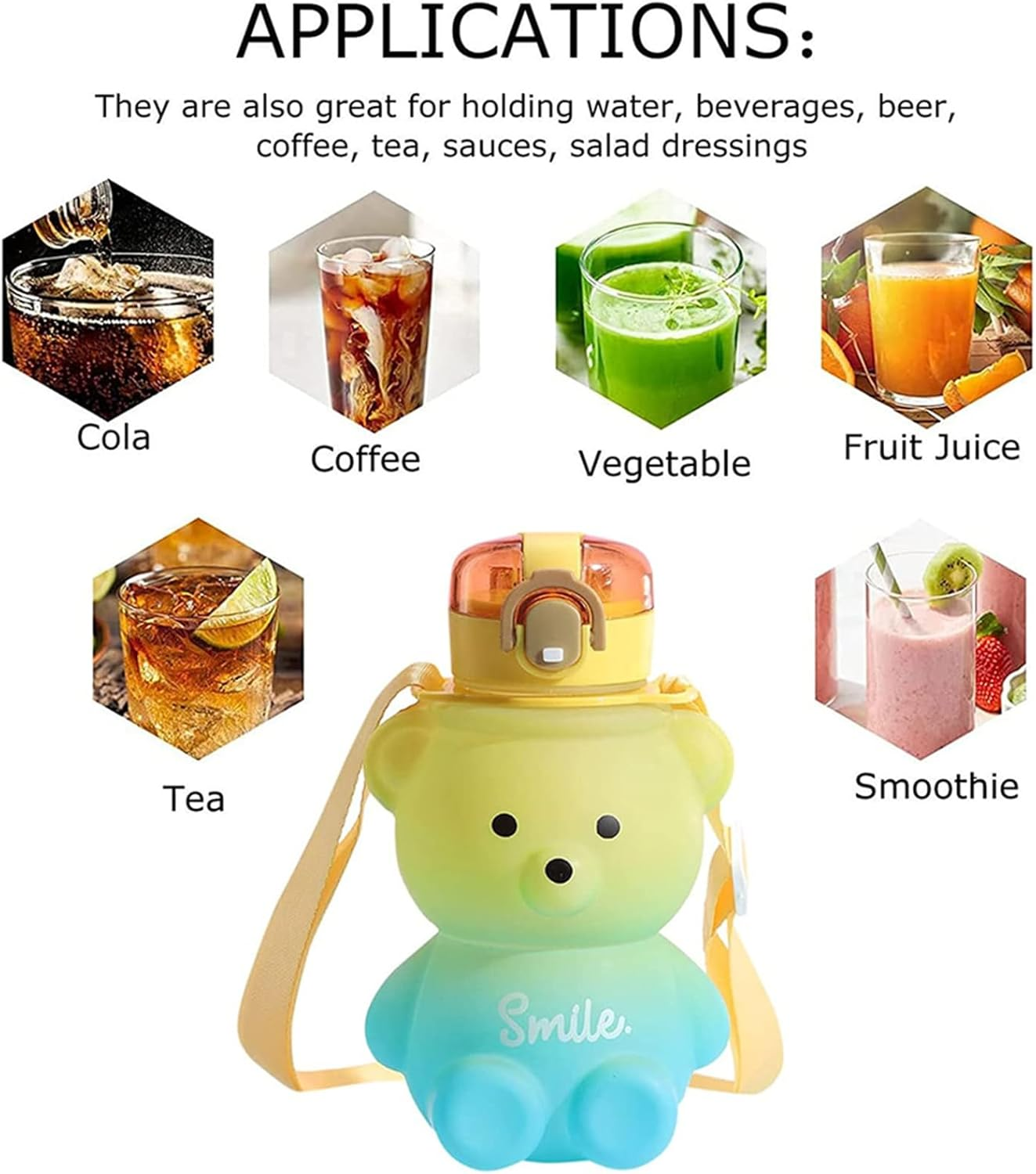 Yeanifeana Cute Teddy Bear Water Bottle 27Oz with Straw & Adjustable Strap, Bpa-Free Leakproof Portable Drinking Cup for Girls, School, Sports, Travel (Yellow) - Green image number 7