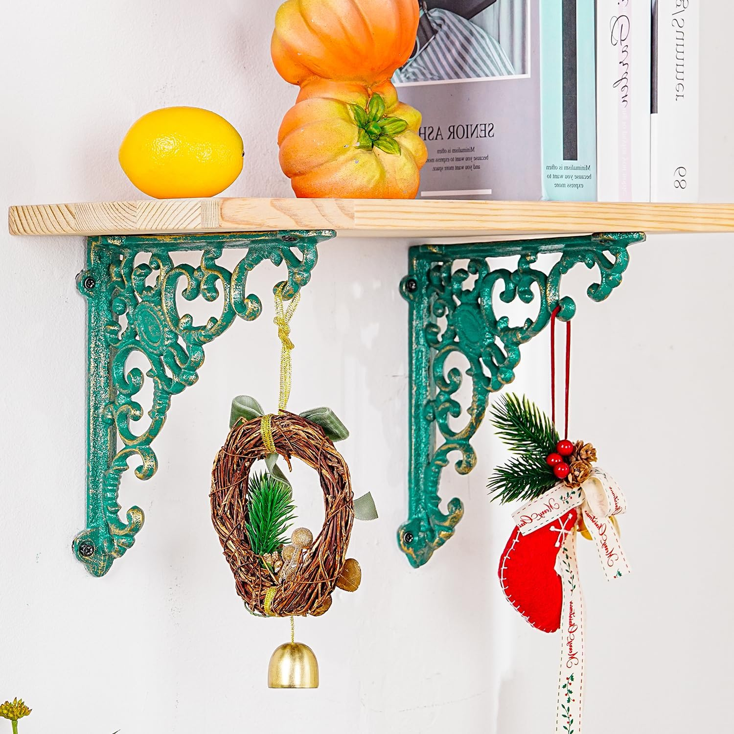 Sungmor Vintage Cast Iron Shelf Brackets - Ornate Decorative Corner Shelf Supports, 2 Pack Garden Wall Hanging Bracket - 7.7 Inch Rustic Green Metal Corbels with Scroll Design, Indoor Outdoor Use image number 6