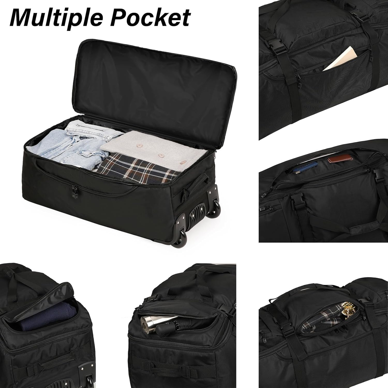 Mfinesun Rolling Duffle Bag with Wheels, 80L 31-Inch Large Foldable Travel Duffel Bags Durable, Tear-Resistant Heavy-Duty Luggage Bag, Black, Duffle Bag with Wheels image number 4