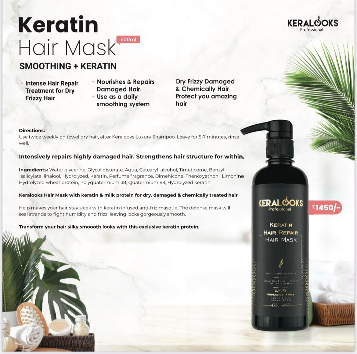 Keralooks Professional&reg; Smoothing plus Keratin Hair Mask for Dry and Frizzy Damaged Hair. (500 Ml)