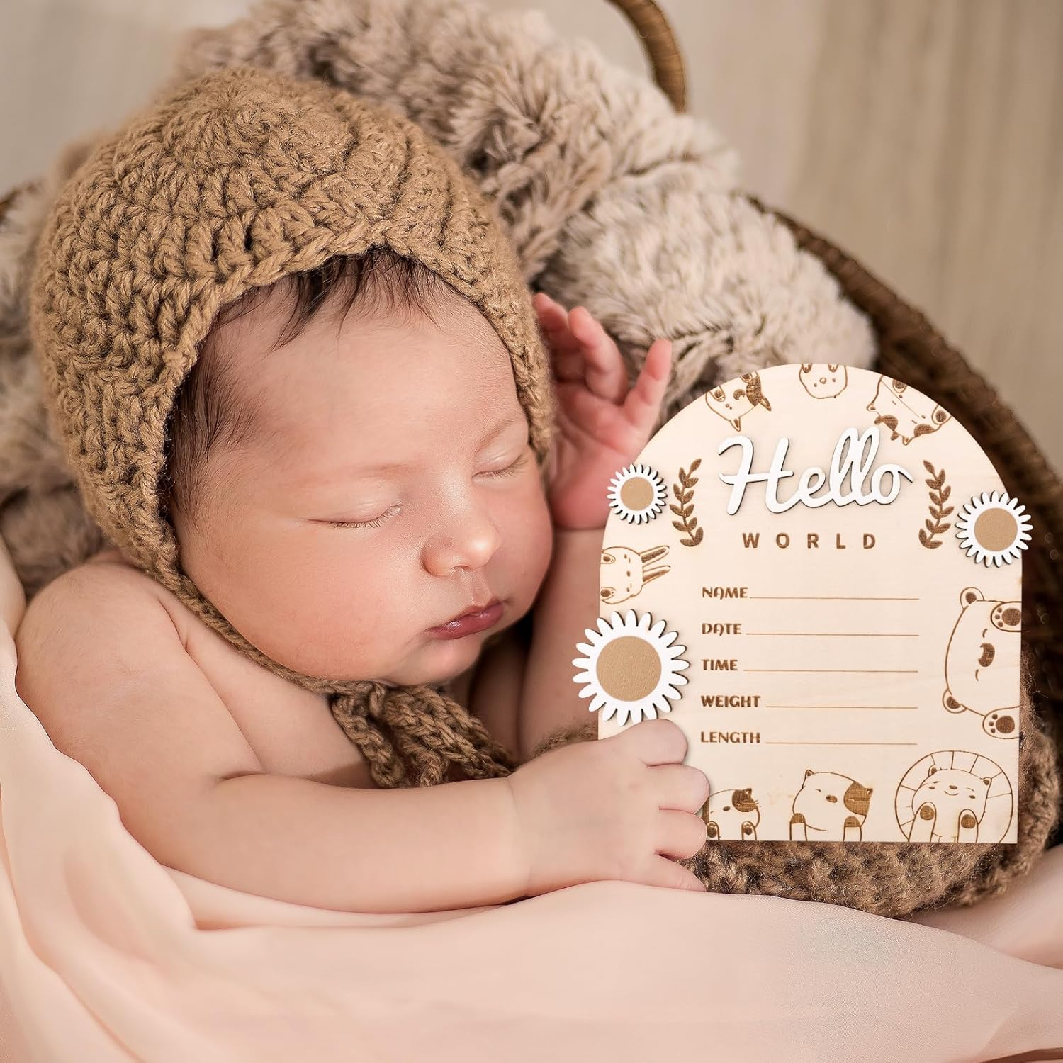 Wooden Baby Announcement Sign, Hello World Baby Sign Baby Announcement Plaque Newborn Baby Name Board Birth Announcement Sign for Baby Shower Gifts Photo Props Wall Decoration image number 3