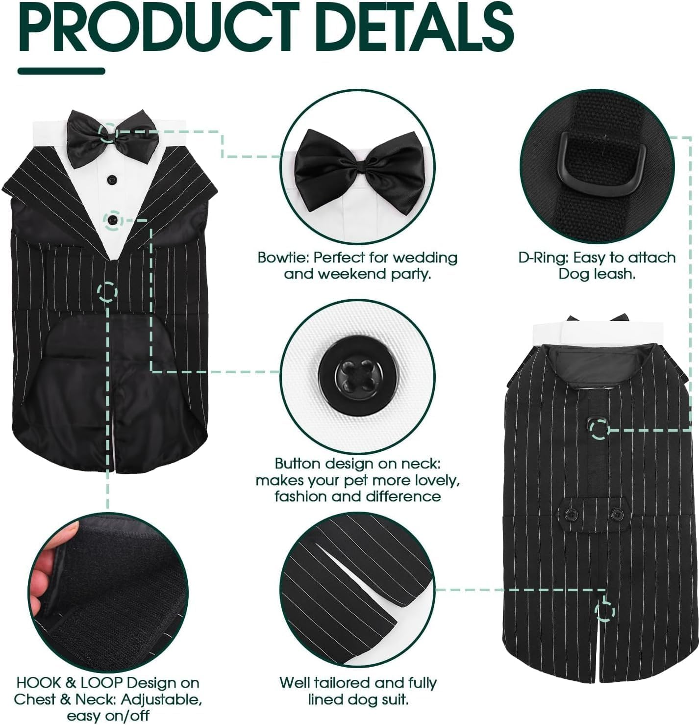 Gofunway Dog Tuxedo Suit and Bandana Set, 2 Pack Pet Costume Puppy Formal Party Suit Wedding Attire for Large Medium Dogs Golden Retriever, Samo Bulldogs Prince Bow Tie Shirt (Black Stripe, X-Large) image number 3