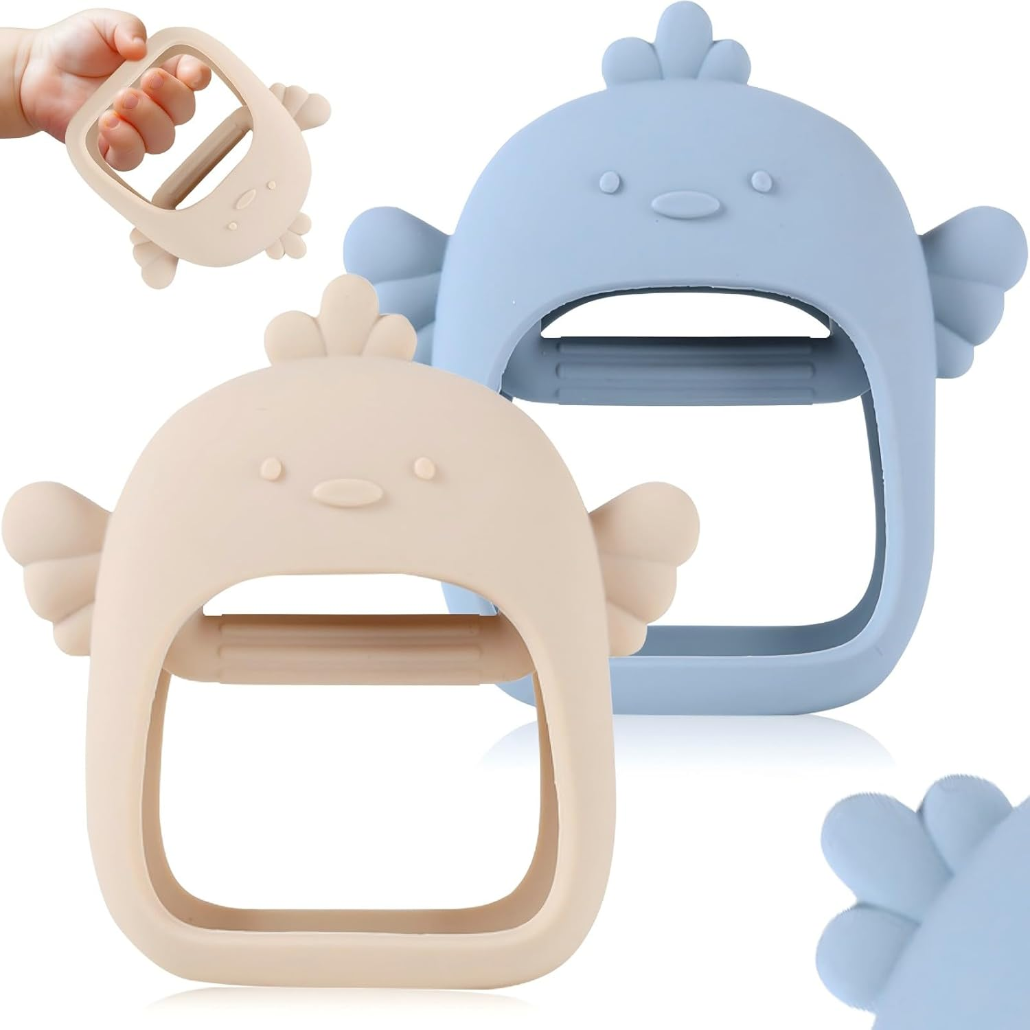 2 Pack Baby Teething Toy for 6-24 Months, Food Grade Silicone Unicorn Teething Mitten, BPA Free, Baby Chew Toys for Sucking Needs, Soothing Teething Pain Relief (Unicorn Beige & Gray Blue)