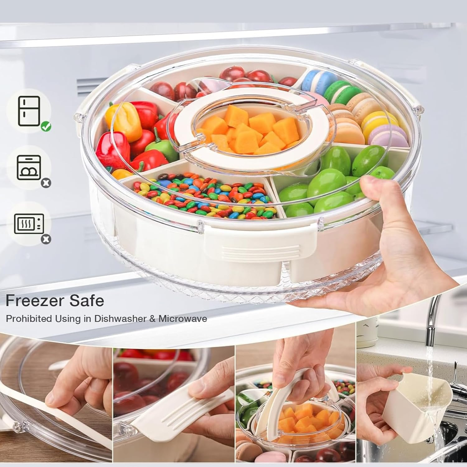 DAWNTREES Snackle Box,Divided Rotating Serving Tray with Lid and Handle - Charcuterie Container for Portable Snack Platters - Clear Organizer for Candy, Snacks (1) image number 3