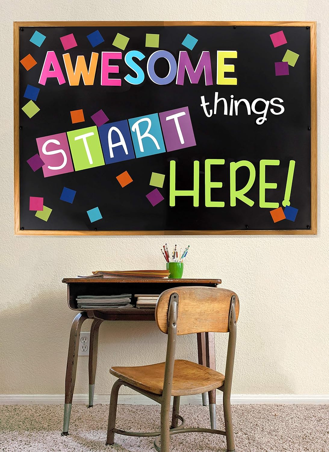 Lush Learning Motivational Classroom Door Decoration and Bulletin Board Set, Ready to Use, Colorful Design- Awesome Things Start Here! image number 1