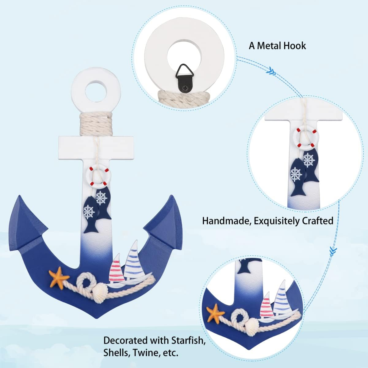 2 Pack 11 Wooden Ship Wheel and Wood Anchor with Rope Nautical Boat Steering Rudder Wall Decor Door Hanging Ornament (2) - Blue,White image number 4