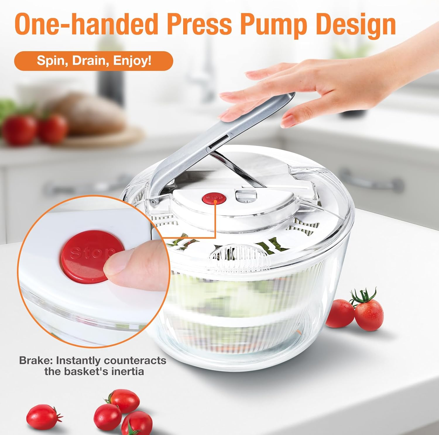 5L Salad Spinner, One-Handed Easy Press Large Lettuce Spinner Plastic Fruit and Vegetable Wash, Food Cleaner Salad Cleaner Lettuce Washer, Non-Slip Base, Large Colander Salad Dryer Bpa-Free image number 4