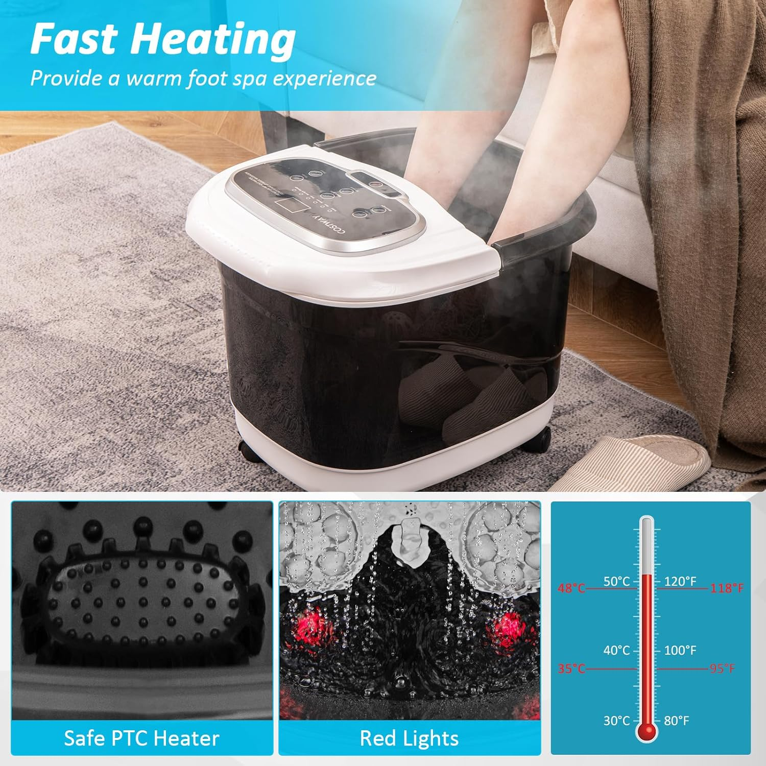 Costway Foot Spa Bath Massager, Multifunctional Electric Foot Baths Machine with Motorized Shiatsu Massage Balls & Massage Rollers, LED Display, Shower, Red Light, Time & Temperature Control, Massager for Foot, Ankle, Leg, Calf Stress Relief (Black) - Grey image number 5