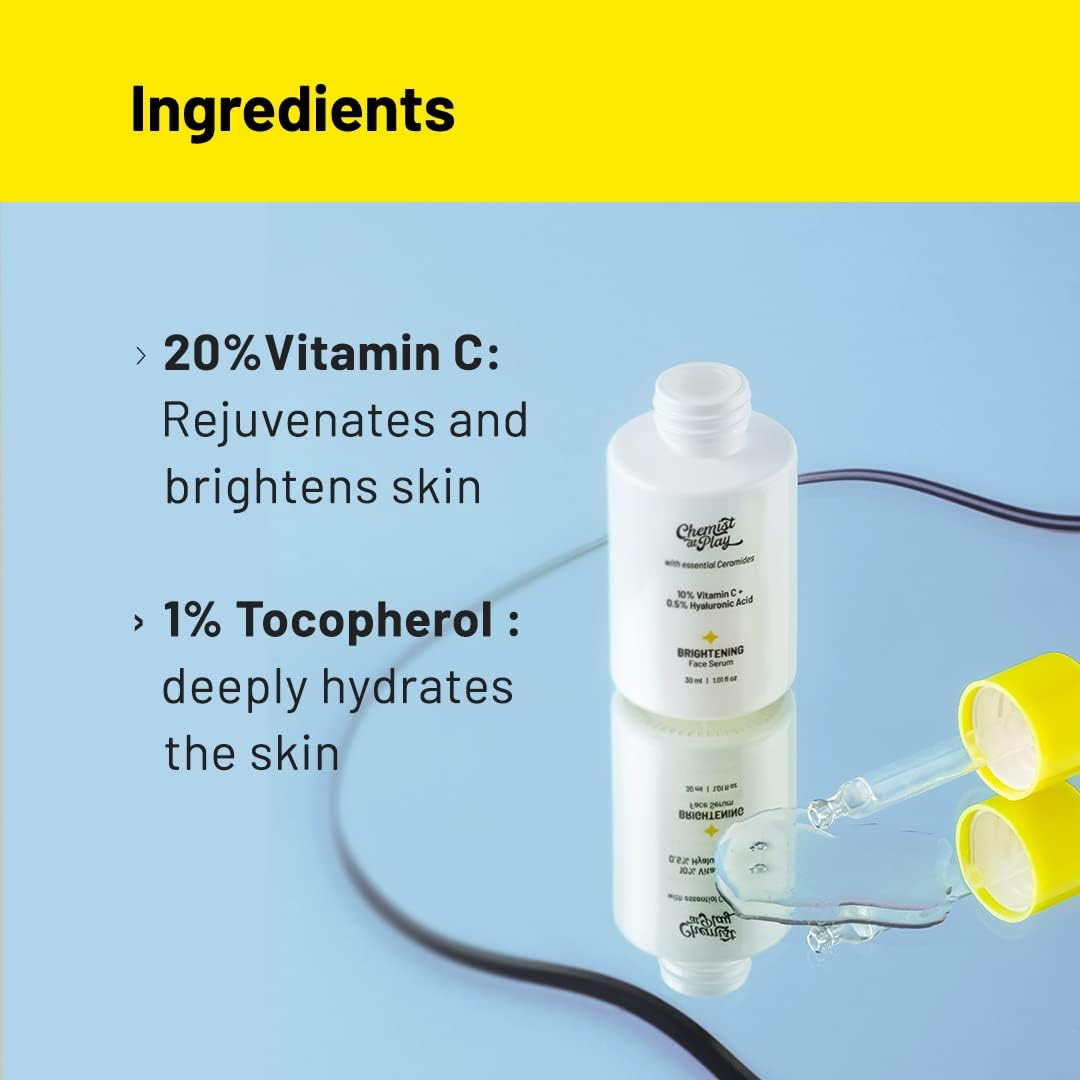 Chemist at Play 10% Vitamin C Skin Brightening Face Serum Even Skin Tone and Glow Treats Hyperpigmentation and Fades Facial Spots Contains Hyaluronic Acid and Ceramides for Combination Skin 30Ml image number 1