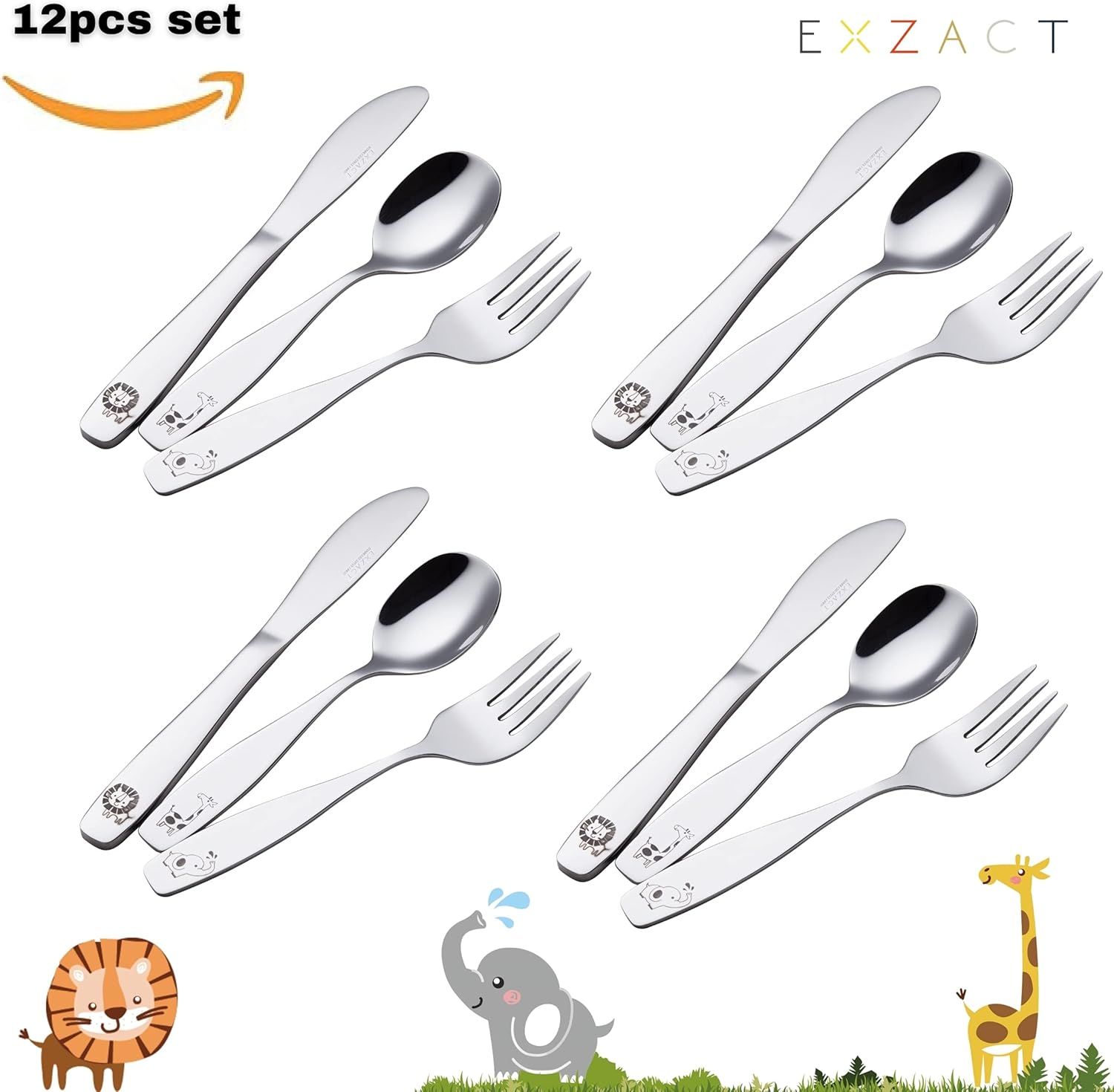 Exzact Children'S Cutlery12Pcs Stainless Steel 18/10 Kids Cutlery/Toddler Utensils/Flatware - 4 X Forks, 4 X Safe Dinner Knives, 4 X Table Spoons - Safari - Giraffe Elephant Lion image number 2