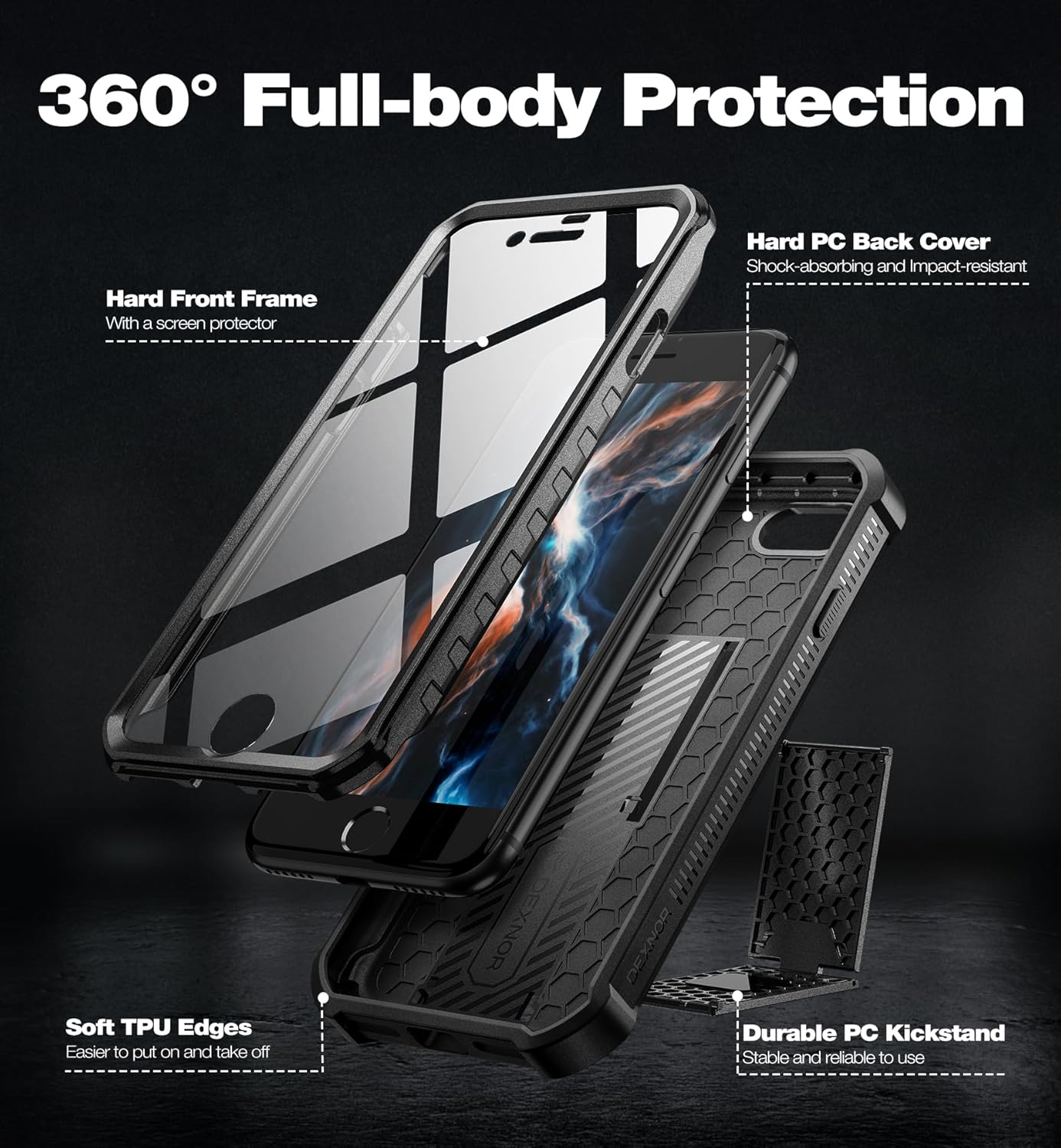 Dexnor for Apple Iphone 7/8/SE(2020/2022) Case, [Built in Screen Protector and Kickstand] Heavy Duty Military Grade Protection Shockproof Protective Cover for Apple Iphone 7/8/Se(2020/2022)-Black - Green image number 2