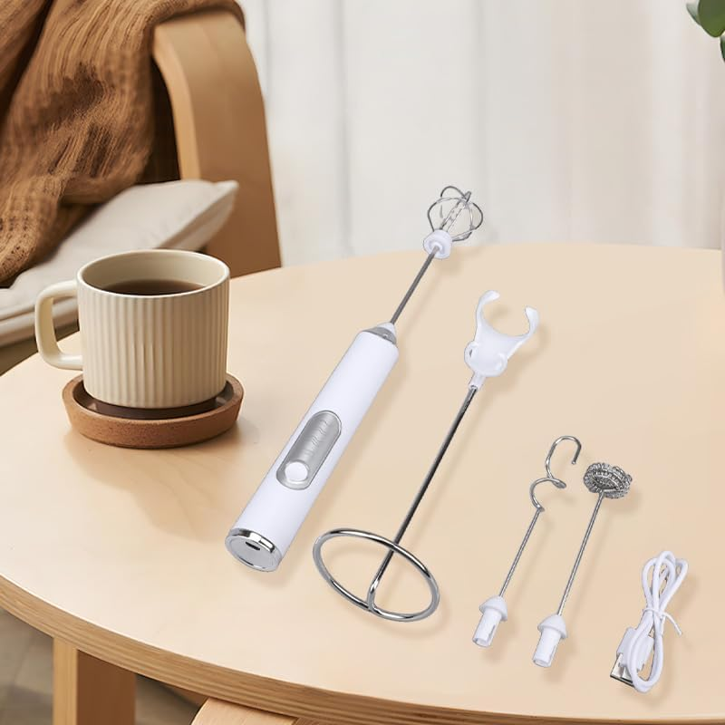 Milk Frother, Rechargeable Handheld Coffee Frother, 3 Gear Adjustable USB Rechargeable Drink Mixer and Blender with 2 Stainless Steel Whisks for Coffee Matcha Latte Cappuccino Hot Chocolate (White)