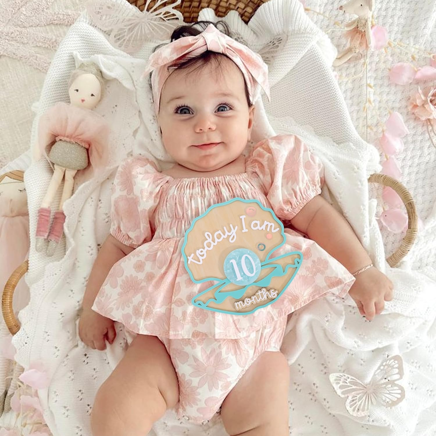 Wooden Mermaid Monthly Milestone Cards - Seashell Newborn Baby 1-12 Months Milestone Set, Baby'S First Year Set, Mermaid Nursery Decor (Green Seashell Monthly Card) image number 2